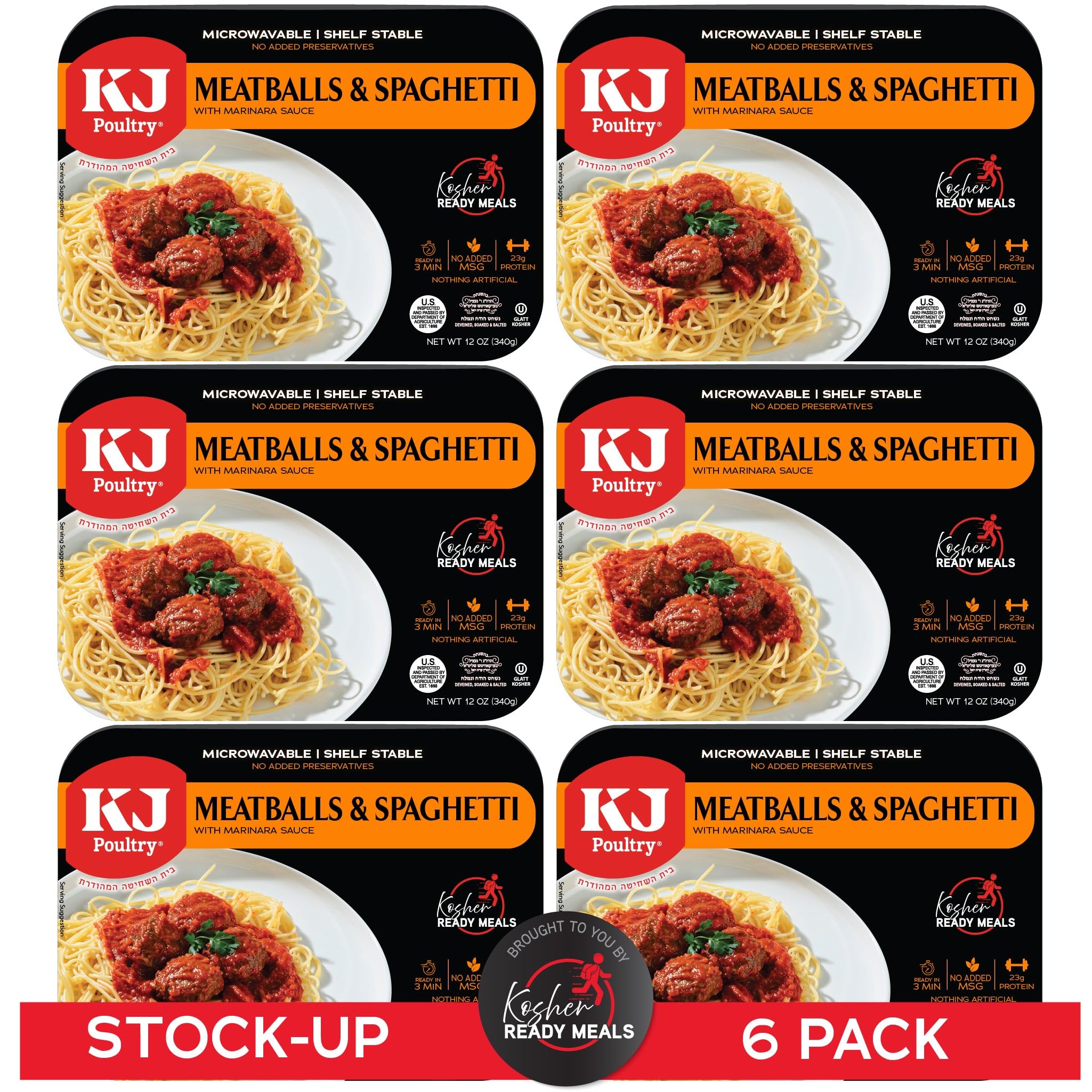 KJ PoultryKJ Poultry Kosher Ready Meals - Spaghetti & Meatballs, MRE Meals Ready to Eat (6 Pack) Prepared Entree Fully Cooked, Shelf Stable Microwave Dinner Travel, Military, Camping, Emergency Survival