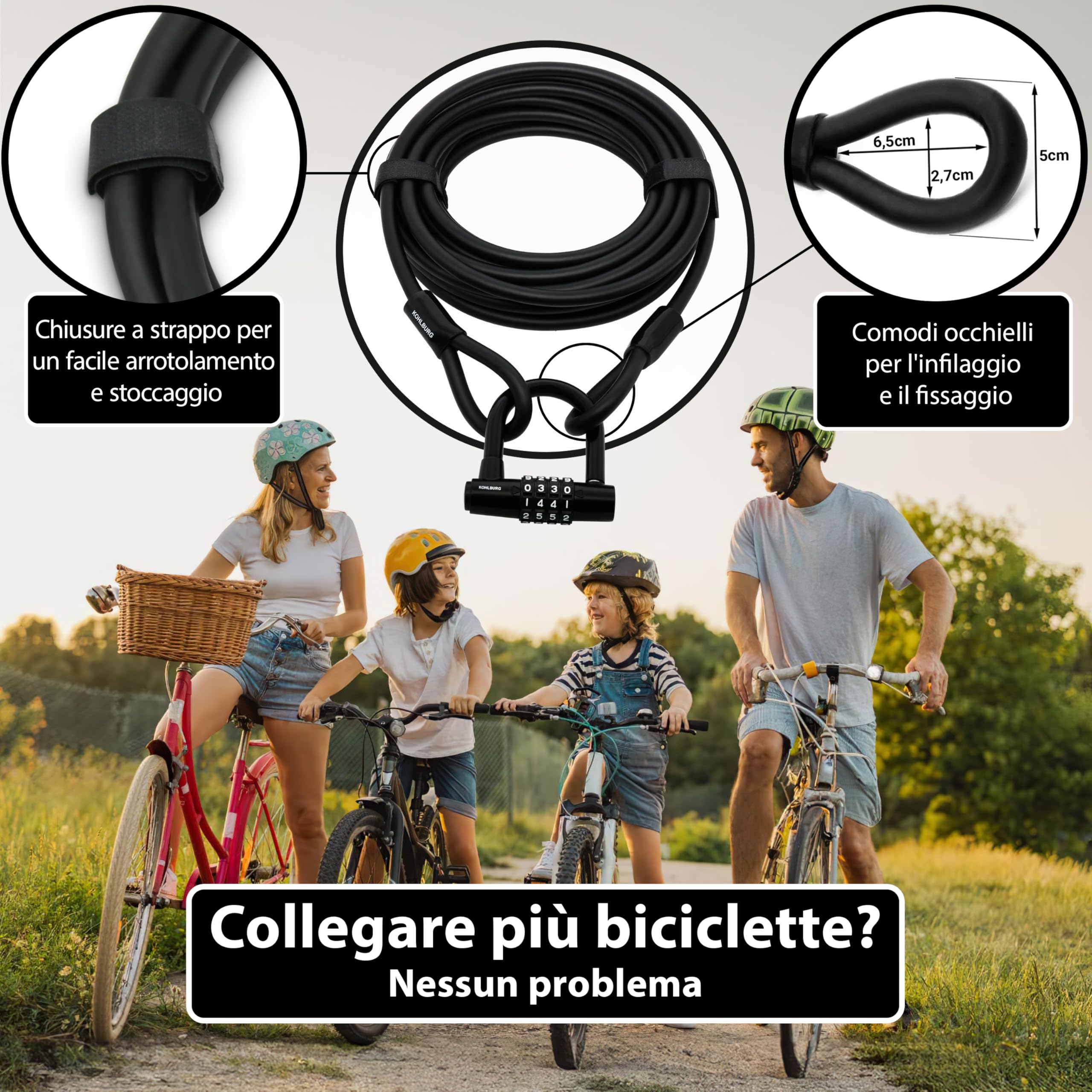KOHLBURG Antifurto a cavo e combinazione [lungo 10 metri] cavo in acciaio rivestito con fascette e lucchetto a codice più biciclette, barche, mobili da giardino – lucchetto a cavo 10m