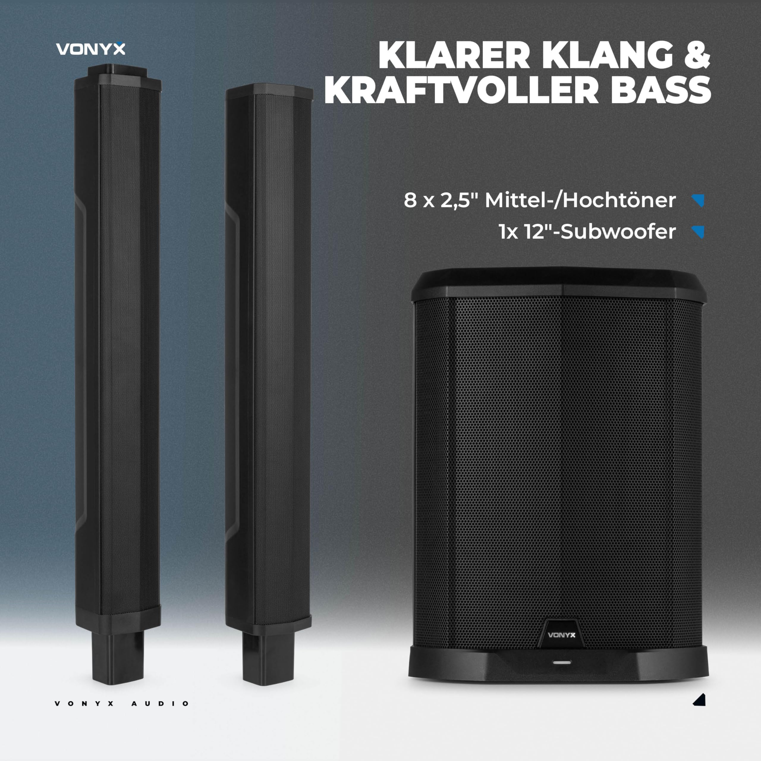 Vonyx VX822 Column Speaker System 2er Set PA Anlage Aktiv 1800 Watt Line Array Säulenlautsprecher 12 Zoll Subwoofer Bluetooth 5.0
