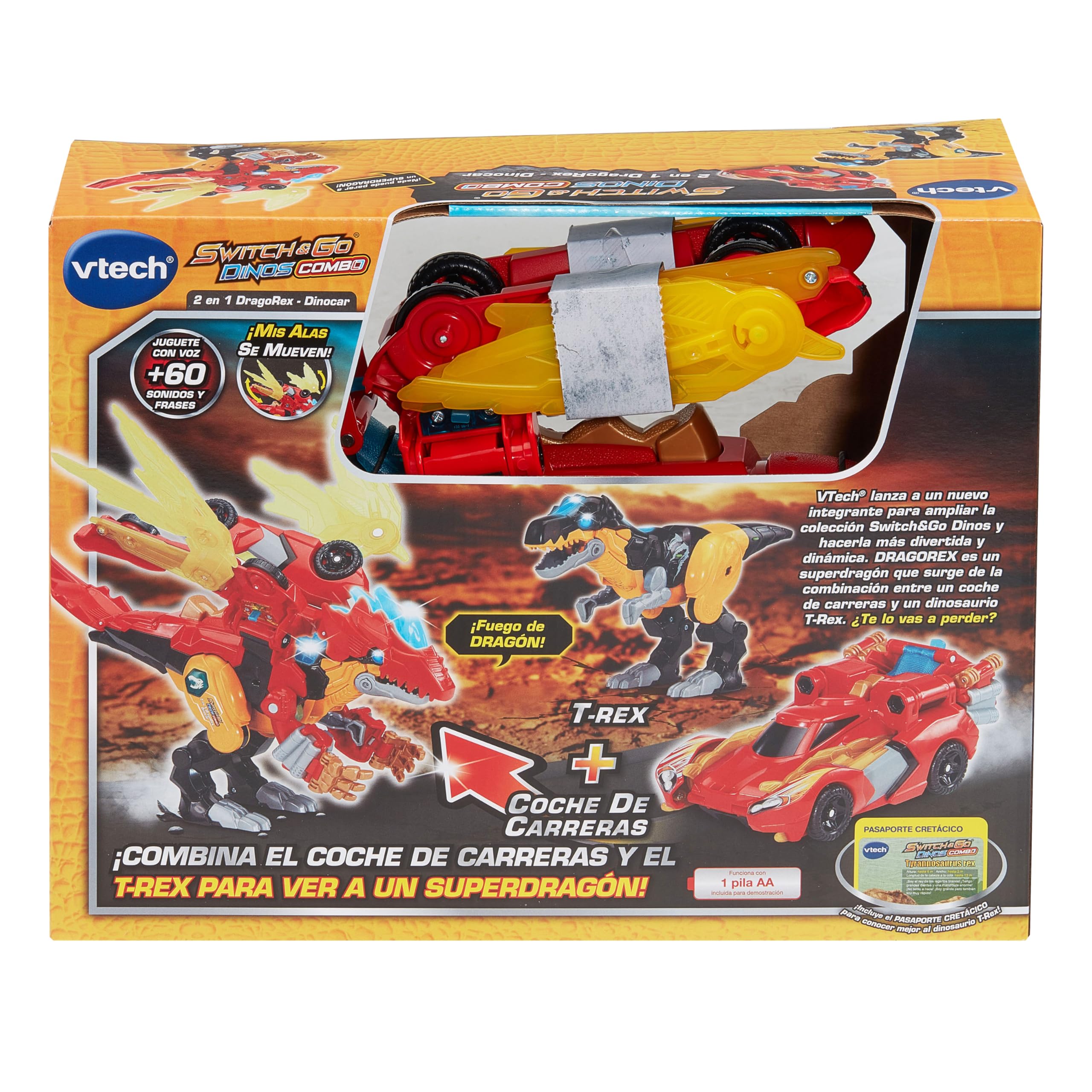 VTech - Switch&Go Dinos DragoRex 2 en 1 Dinocar, Coche y Dinosaurio Transformable, Juguetes Electrónicos Niños +3 Años, Ruge y Lanza Fuego, +60 Sonidos y Frases, Versión ESP