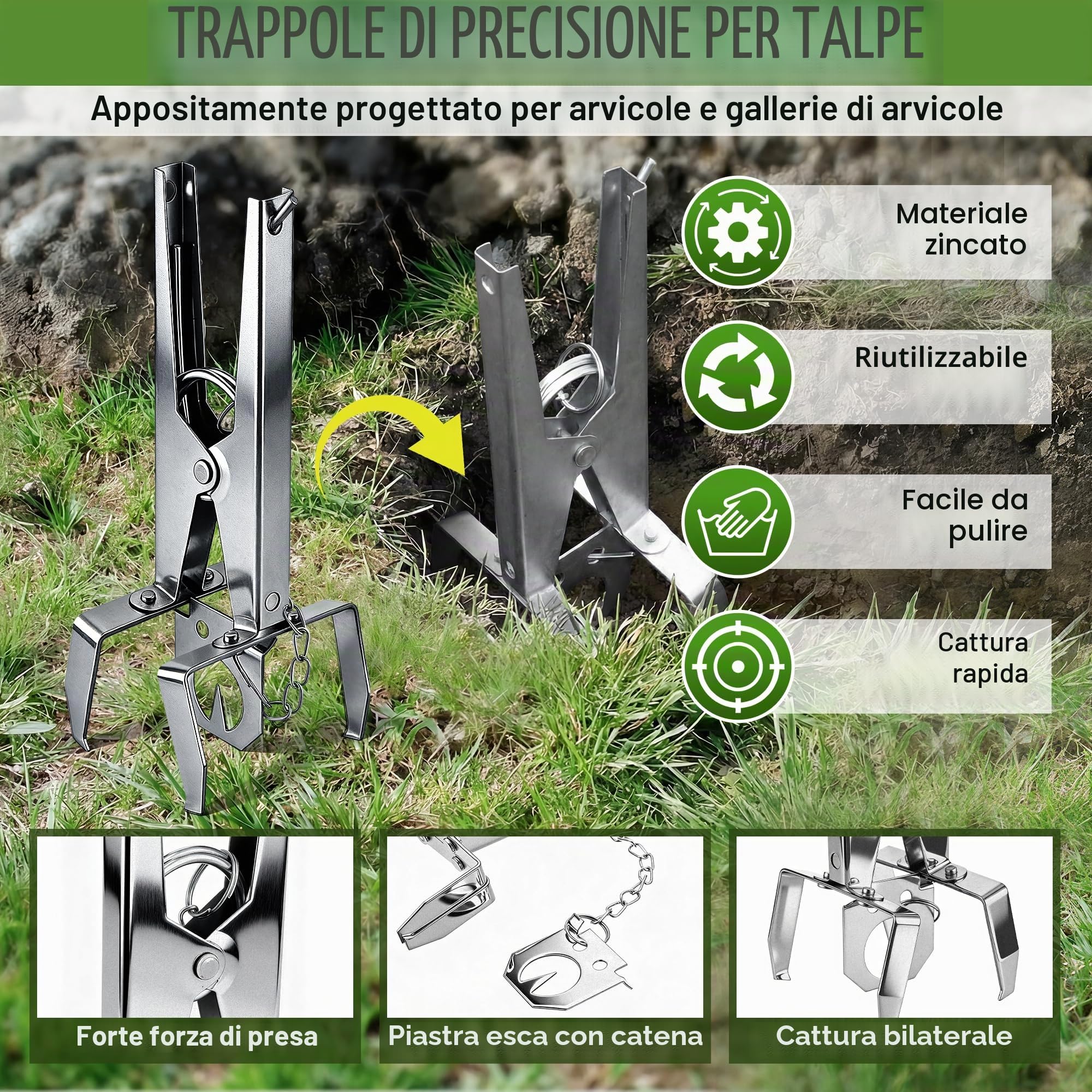 Enhon Trappola per Arvicole con Catena, 4 Pezzi - Affilata e Riutilizzabile - Trappola per Arvicole con Clip - Cattura su Entrambi i Lati | Efficace Trappola per Topo Campagnolo per Giardino e Prato