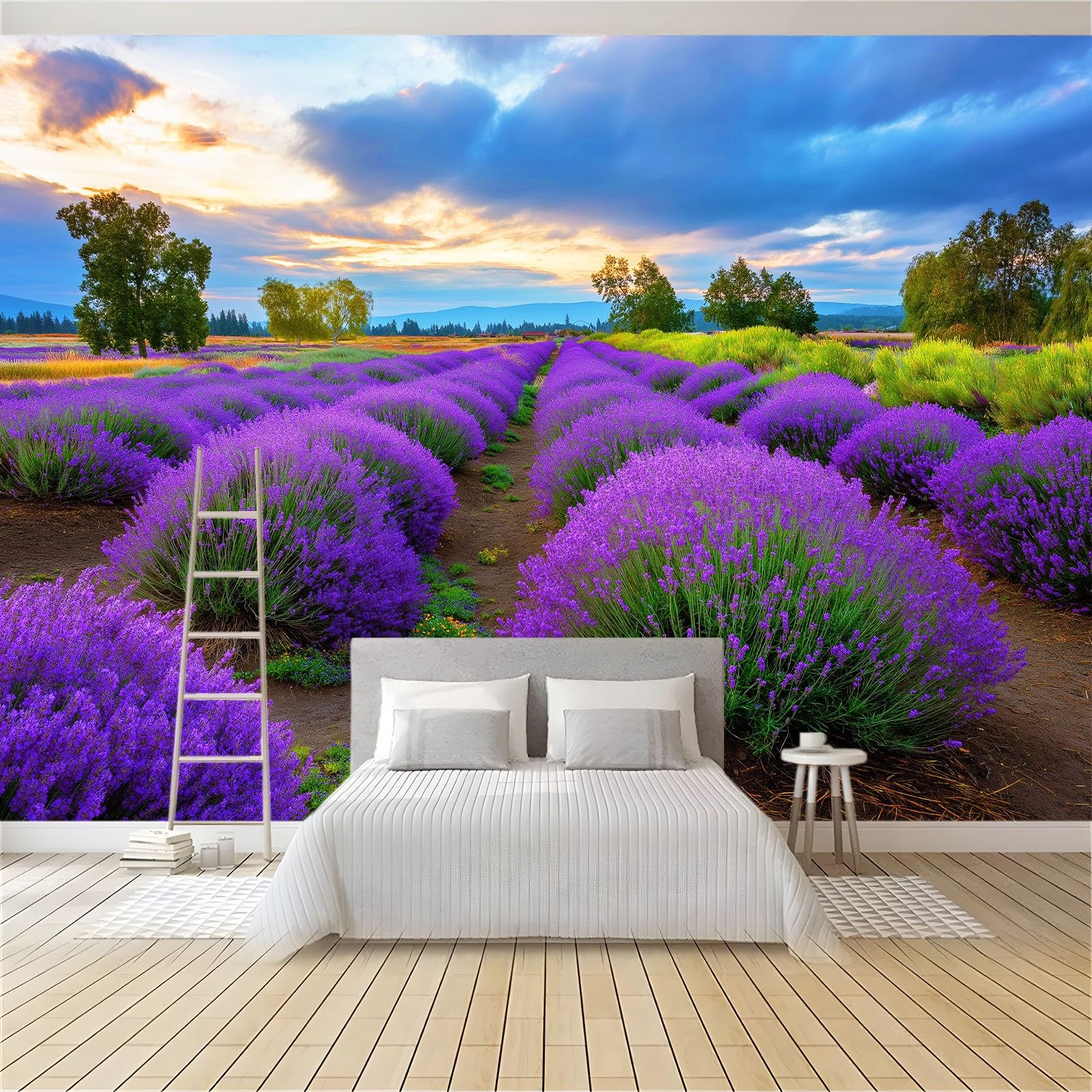 Générique Panoramiczna tapeta w stylu wiejskim rośliny lawendowe pola kwiaty fioletowe, tapeta z włókniny 3D, do pokoju dziecięcego i salonu, dekoracja ścienna XXL 350 x 256 cm