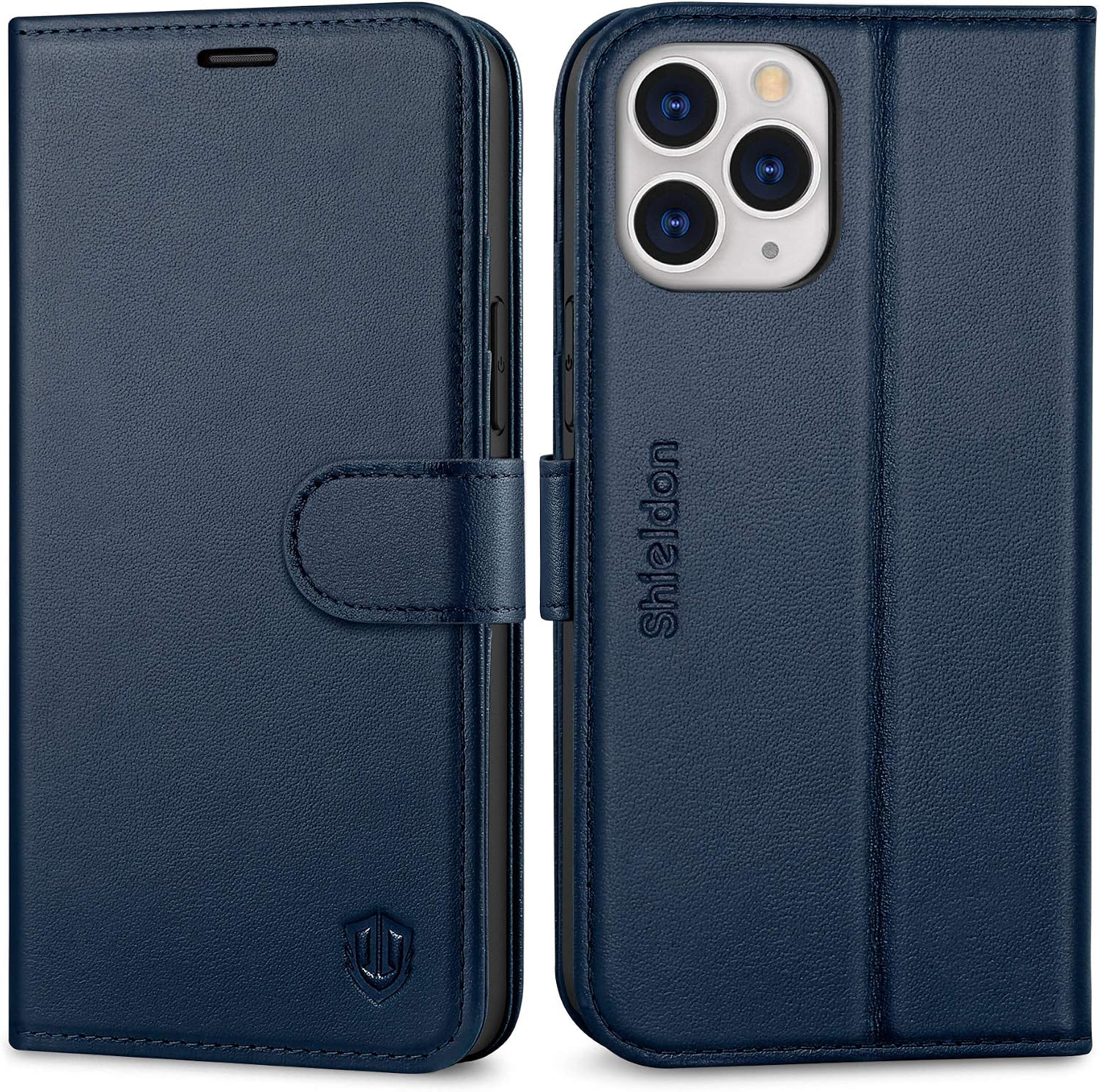 SHIELDON Case for iPhone 12 Pro Max, Genuine Leather Wallet Case Magnetic Folio Shockproof Cover Kickstand RFID Card Slots Compatible with iPhone 12 Pro Max 5G (6.7") - Navy Blue