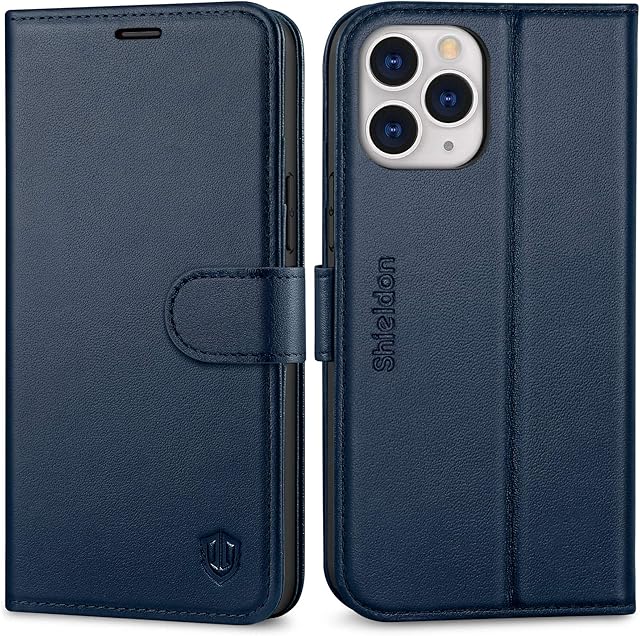 SHIELDON iPhone 12 Pro Max Case, Genuine Leather Wallet Flip Magnetic Cover with RFID Blocking Kickstand Card Holder, TPU Shockproof Folio Case Compatible with iPhone 12 Pro Max, 6.7", Navy Blue