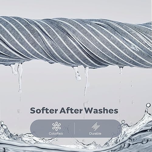 Miniatura 4 de JELLYMONI - Funda de edredón de 100% algodón lavado, tamaño Queen, azul con rayas verticales finas y botones, 3 piezas, transpirable, suave,