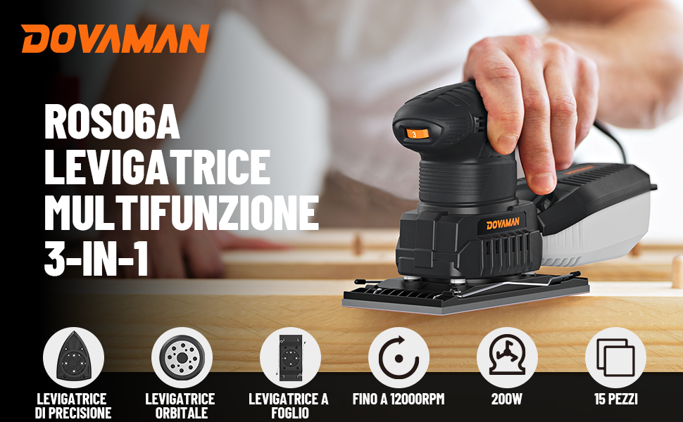 Levigatrice Multifunzione 3-in-1 DOVAMAN - 200W, 6 Velocità, Con 15 Carte Abrasive - Foto 6