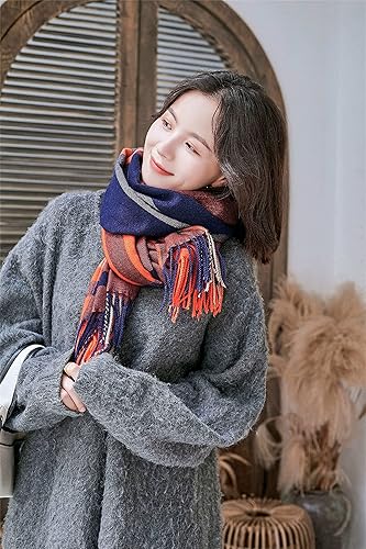 Miniatura 7 de Alidamo Bufanda de invierno con tacto de cachemira de lana con borla de pashmina, bufandas suaves, teñido anudado y a cuadros, colores sólidos