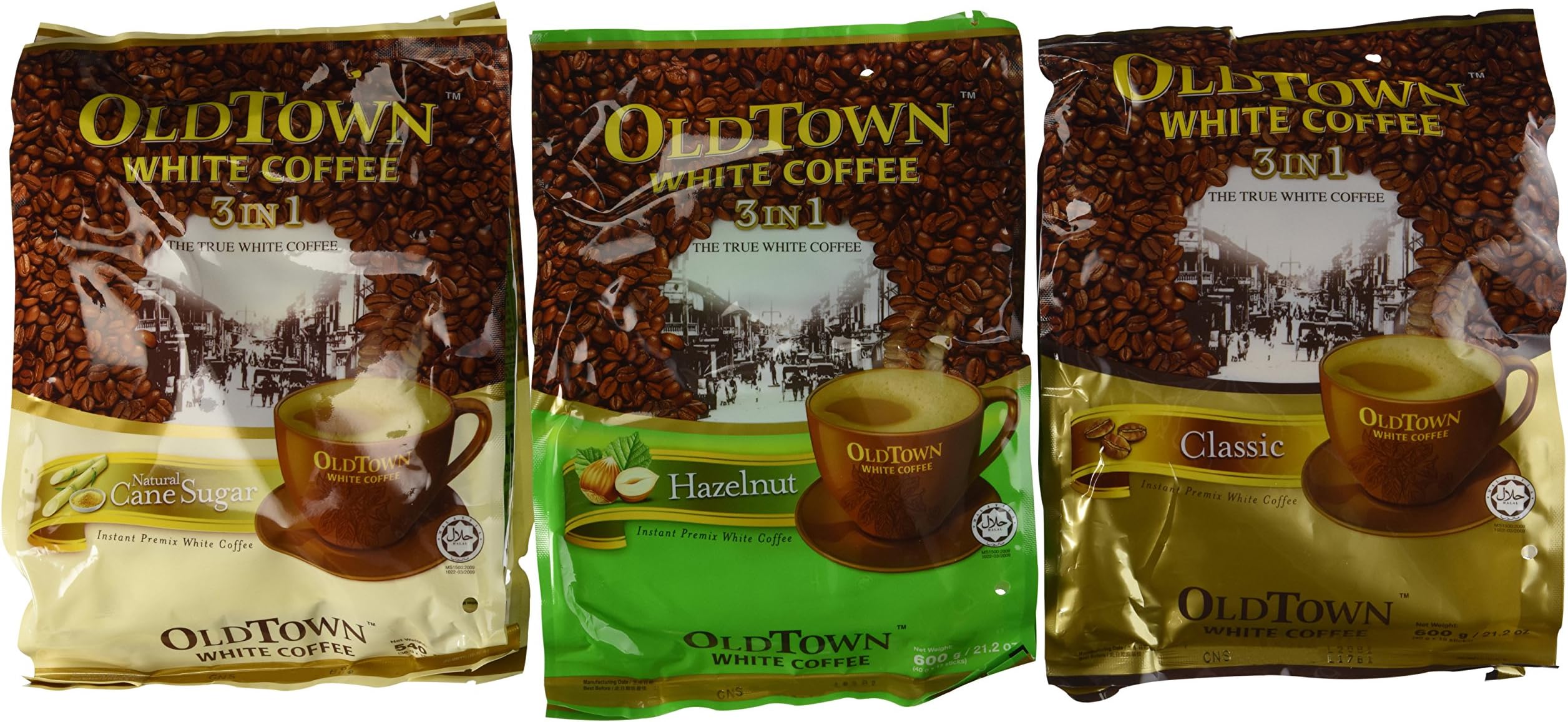 OLD TOWN White Coffee 3 in 1 Variety Pack (Classic, Natural Cane Sugar, Hazelnut), brown