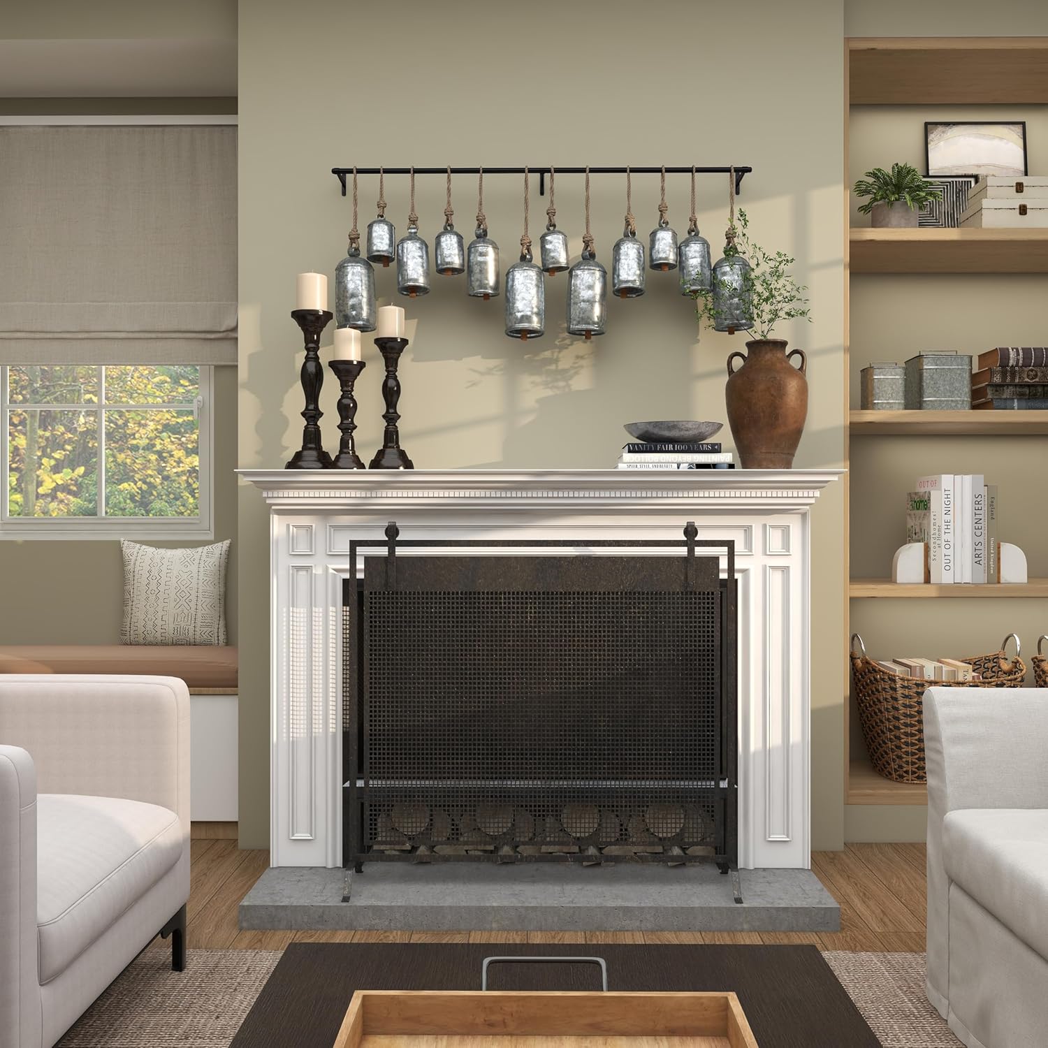 Deco 79 Metal Decorative Cow Bells Tibetan Inspired 12 Bell with Jute Hanging Rope and Black Metal Rod, 48" x 6" x 20", Gray