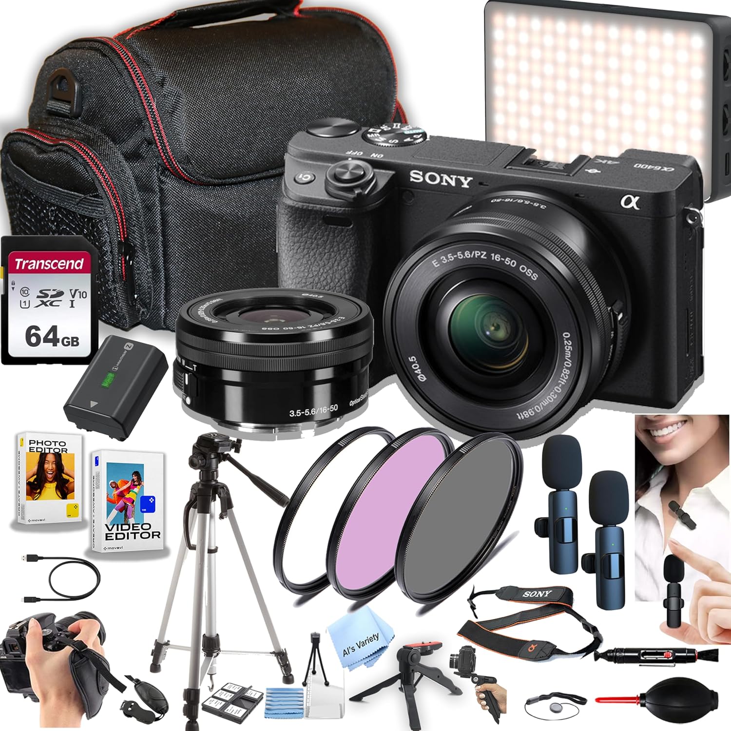 Sony a6400 Mirrorless Camera with 16-50mm Lens + 64GB Memory, Wireless Lavalier Microphones, Case, Gripster Tripod, Filters, LED Video Light and More (28pc Camera Bundle)