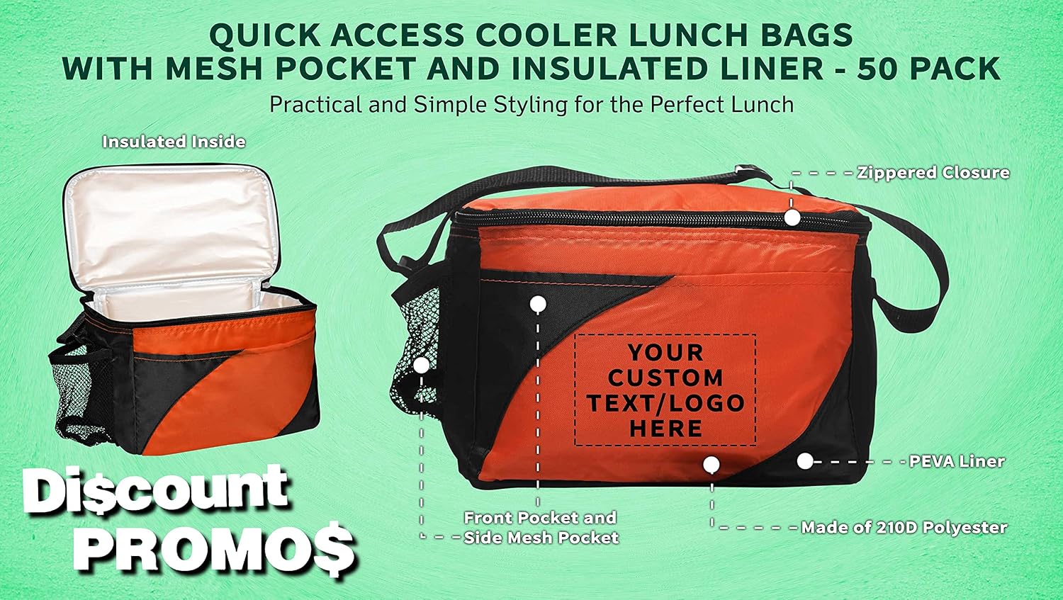 DISCOUNT PROMOS 50 Access Cooler Lunch Bags Set - Customizable Text, Logo - Insulated, Front Pocket, Side Pocket - Orange