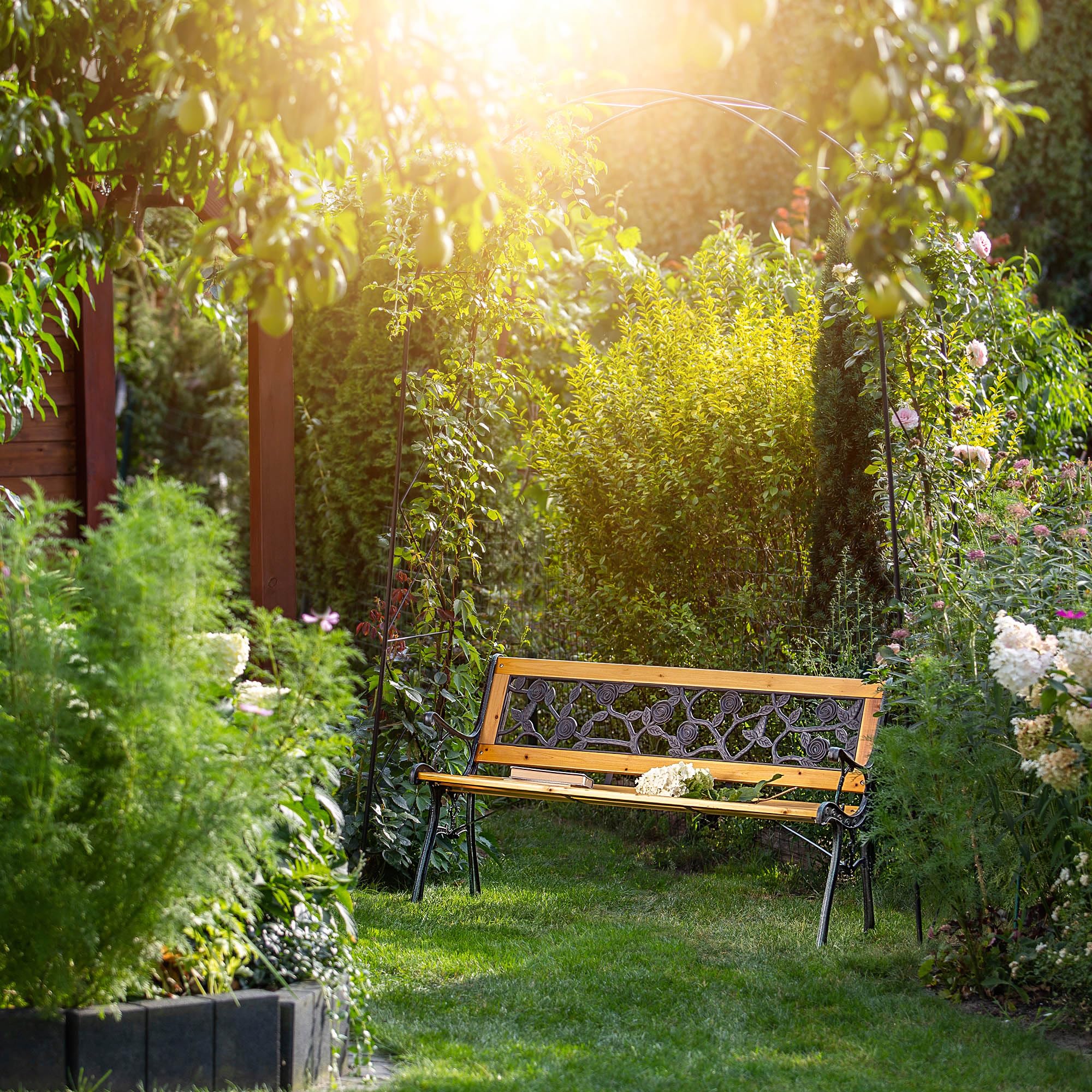KADAX Banc de jardin en bois et fonte 2 places avec accoudoirs et dossier, banc de parc, banc extérieur pour balcon, jardin, terrasse (marron/motif rose)