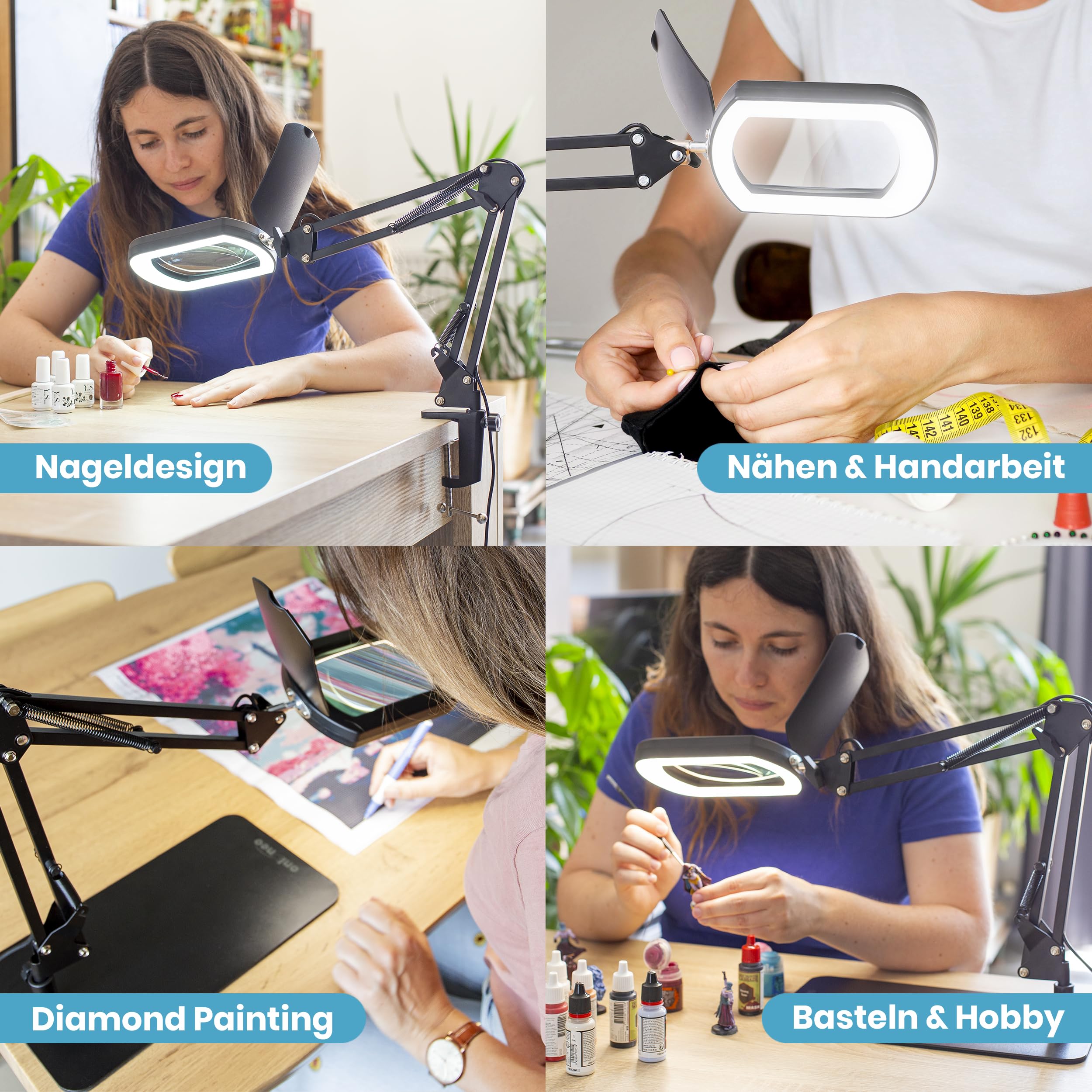 LED Lupenlampe 10X: rechteckige XL Echtglas Lupe, Standfuß & Klemme