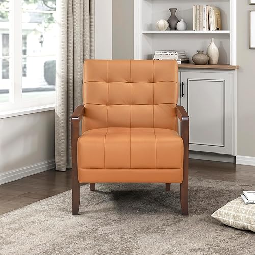 Miniatura 7 de Lexicon Silla decorativa moderna, silla de lujo de cuero genuino con cojines copetudos, marco de madera maciza y reposabrazos, cómodo asiento