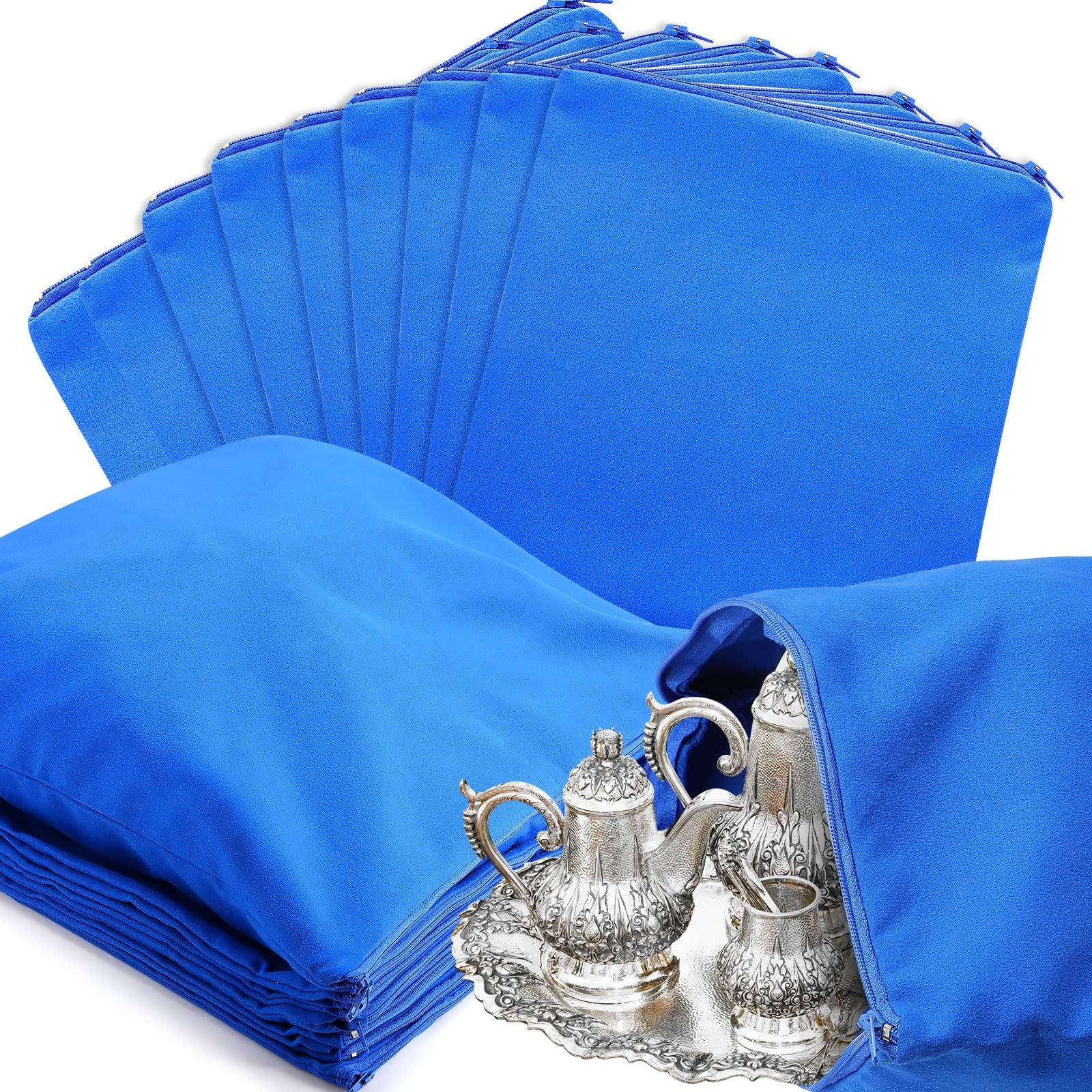 Sanwuta 8 Pcs Zippered Silver Storage Bags Anti Tarnish Silver Pouches Keeper Jewelry Storage Protector Bags(18 x 18 Inch,Navy Blue)