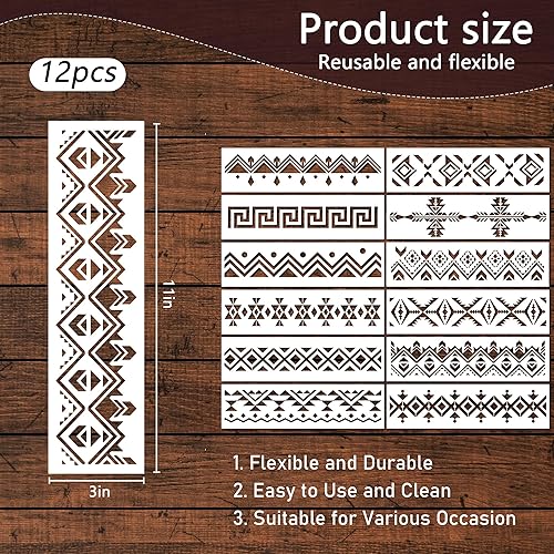 Miniatura 4 de Keluna Plantillas aztecas para pintar, 12 plantillas de patrón de bordes bohemios para pintar, plantillas reutilizables para pintar en pared de