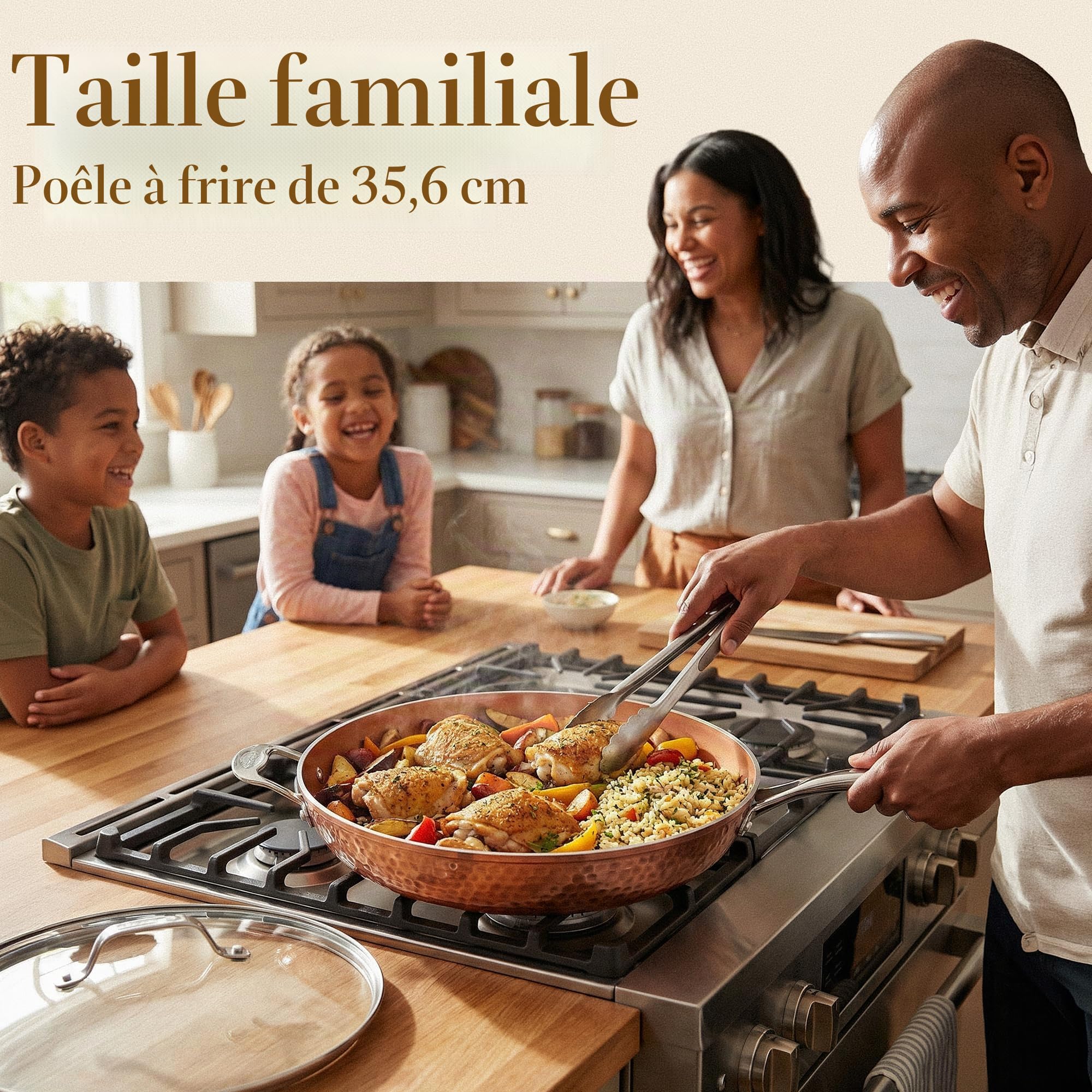 GOTHAM STEEL Poêle à frire antiadhésive de 14 po avec couvercle — Collection Hammered Copper, batterie de cuisine en aluminium de qualité