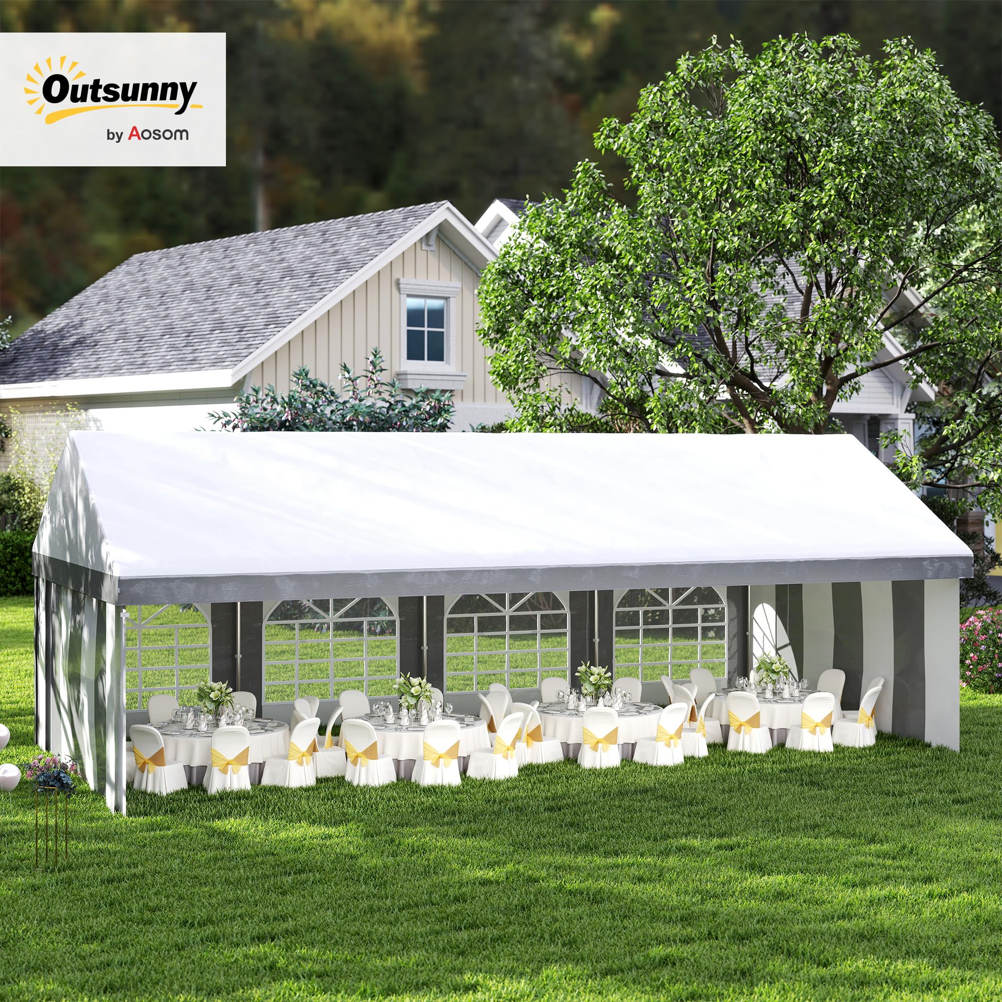 Outsunny Carpa para Fiesta 4x8 m Carpa de Jardín Anti-UV Gris y Blanco | Paredes Laterales Extraíbles, Puertas y Ventanas, Impermeable, Cenador Gazabo, Boda Camping Eventos Exterior