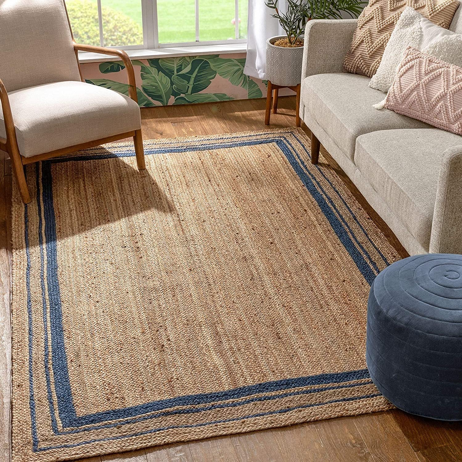 Ripaz Tapis carré tissé à la Main avec Ligne Bleue en Jute Naturelle tressée pour Salon (150 x 150 cm)