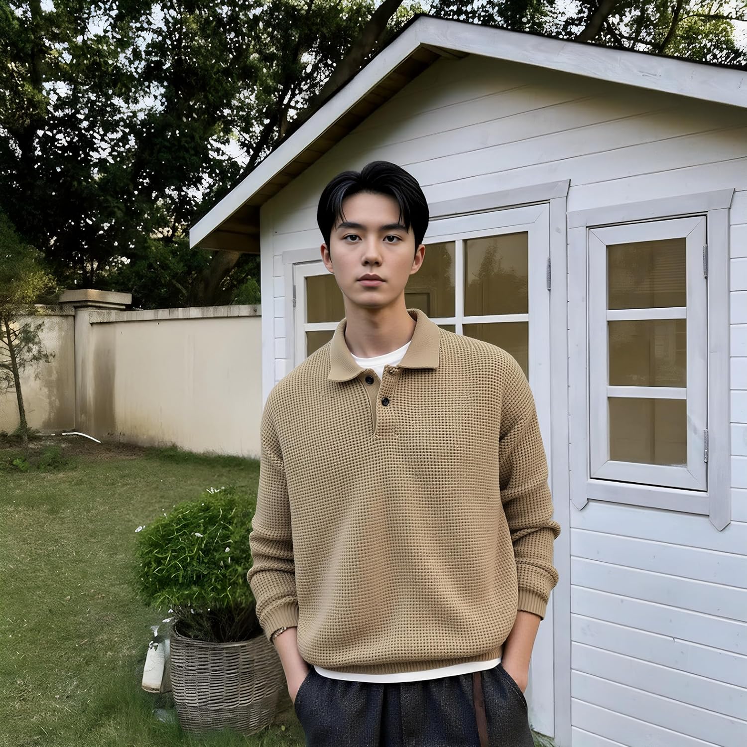 Mens Collar Pullovers Sweater Cable Knitted Winter Fashion Buttons Thermal Sweaters - Image 3