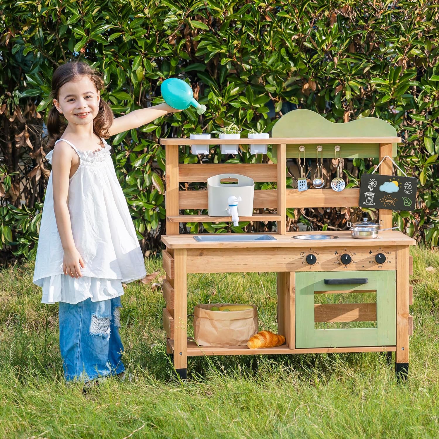 ROBUD Mud Kitchen for Kids Outdoor, Wooden Kids Mud Kitchen with Removable Sink, Planting Cup, Oven, Chalkboard, Utensils & Storage, Green Outdoor Play Kitchen for Ages 3+