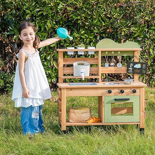 ROBUD Cocina de juego al aire libre para niños, juego de cocina de barro de madera para niños con fregadero extraíble, taza de plantación, horno,