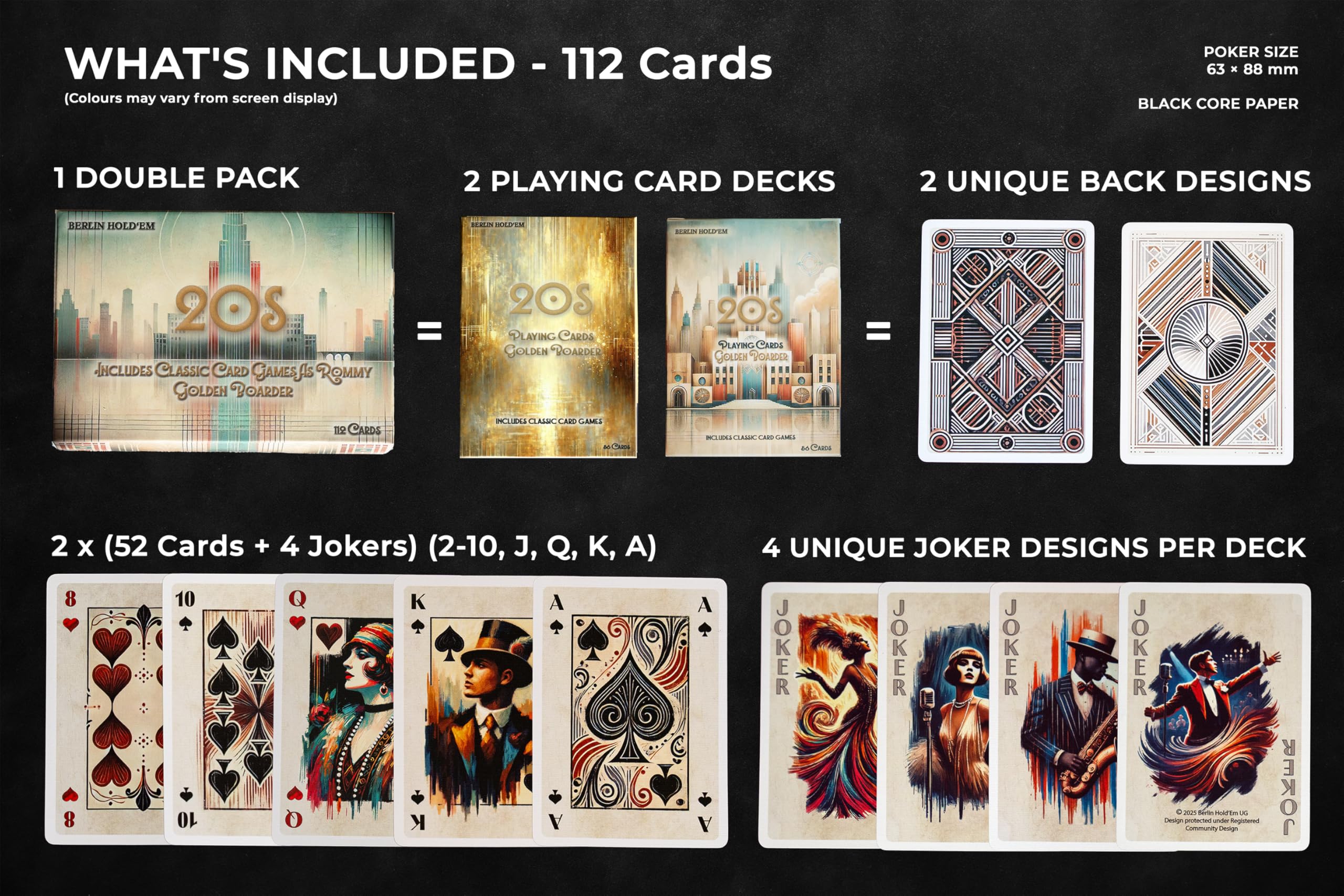 Berlin Hold’Em Spielkarten - Doppelpack 20s Design - Hell & Dunkel mit Goldschnitt - 112 Karten (2 x 56), Poker Size 63 x 88 mm, Pokerkarten Kartendeck für Poker, Skat & Rommé - 4