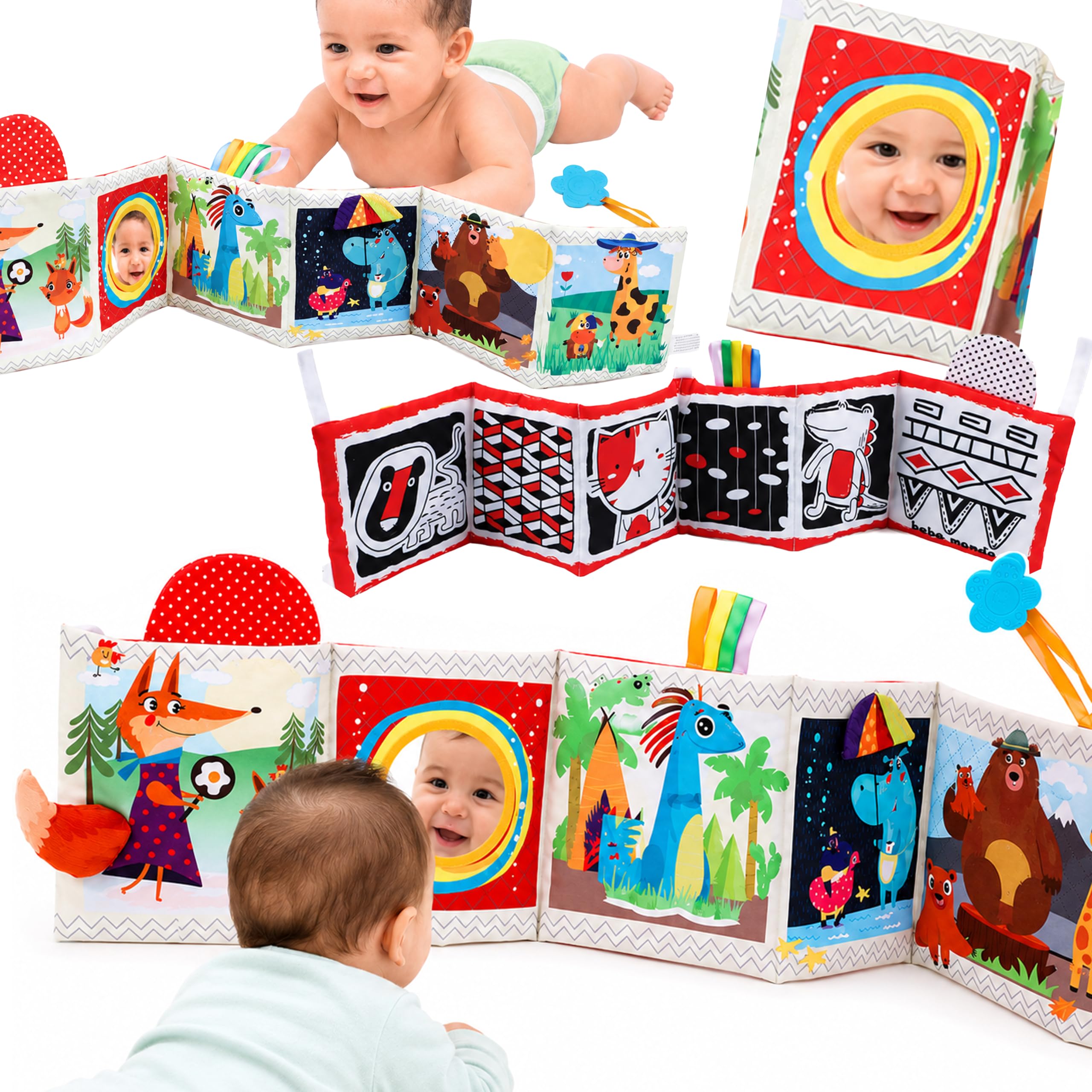 bebe mondo Black and White Tummy Time Mirror Toy,High Contrast Baby Toys for Newborn,Baby Books for Babies 0-3-6-12 Months and Up, Infant Visual Stimulation Crinkle Cloth Book with Teether, Unisex