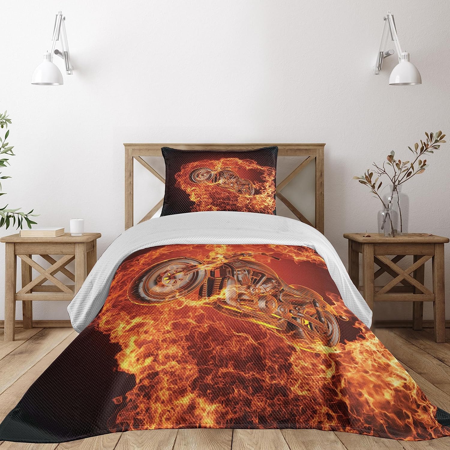 Ambesonne Manly Coverlet, Chopper Bike Bursting Through Fire Motorbike Motorcycle Dangerous Sport Art, 2 Piece Decorative Quilted Bedspread Set with 1 Pillow Sham, Twin Size, Dark Orange Marigold