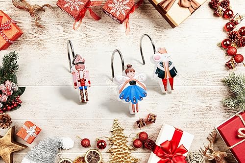 Miniatura 5 de RoomTalks Ganchos de cortina de ducha de Navidad con diseño de cascanueces y anillos, accesorios de decoración de baño, resistentes a la corrosión,