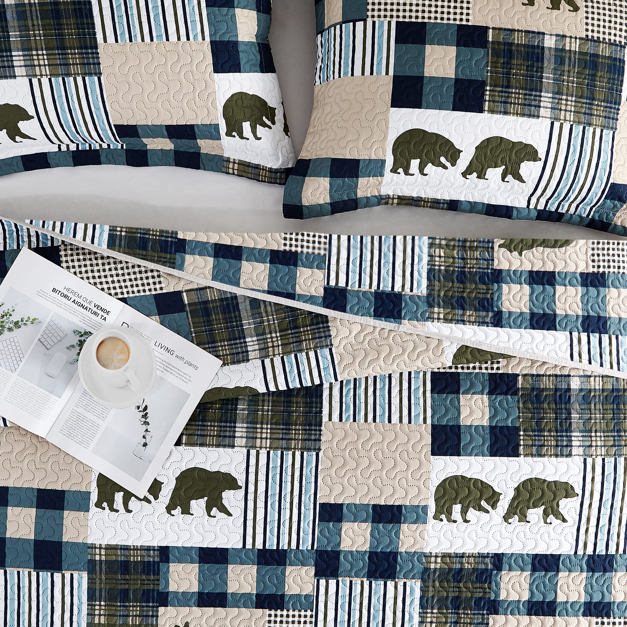 Juego de edredón Queen, Patchwork rústico Lodge Deer, Juego de Ropa de Cama para Todas Las Estaciones, Colcha Reversible Ligera con 2 Fundas de Almohada (Queen)