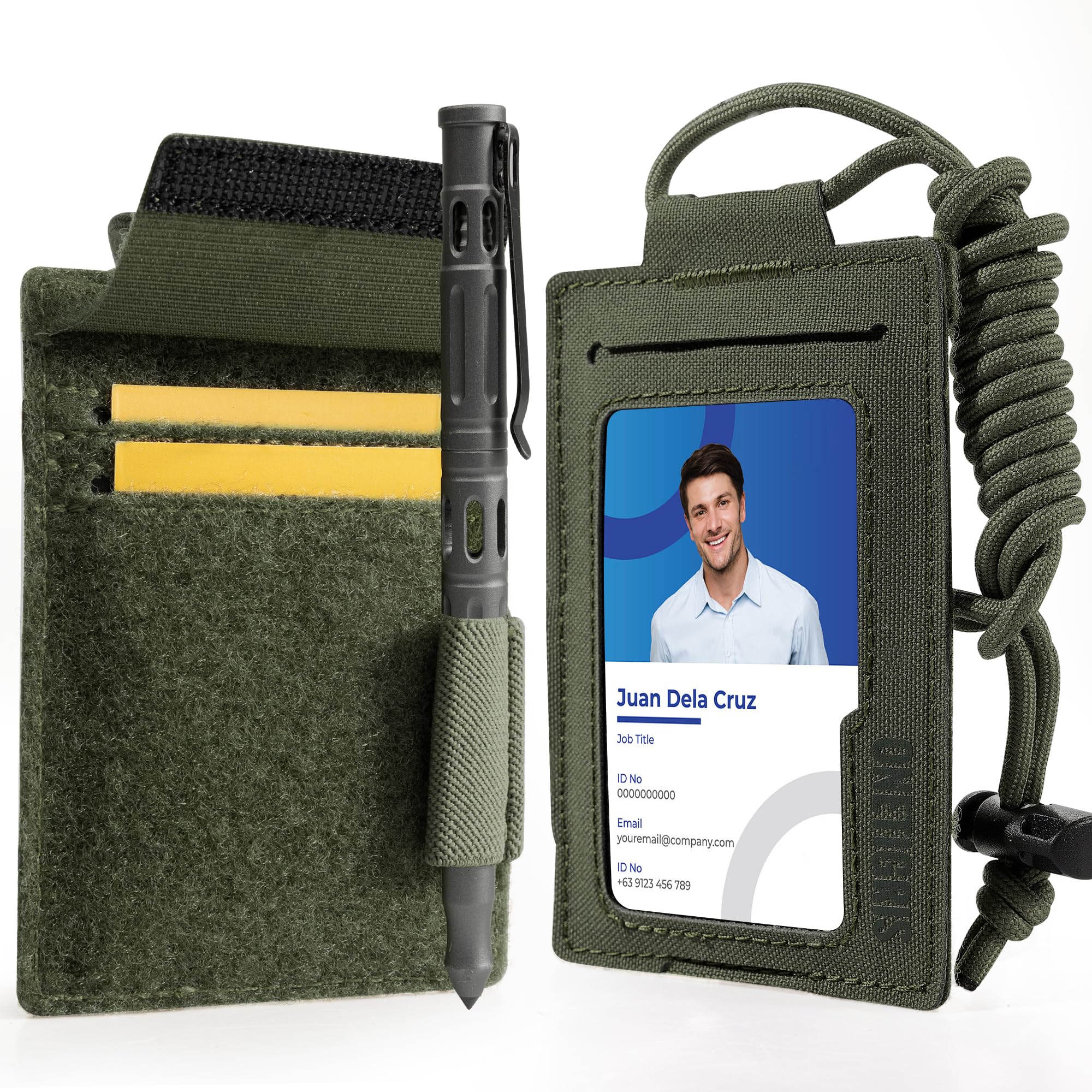 RFID Blocking ID Badge Holder, Double-Sided with Clear Front Window & Secure Hook-and-Loop Back Slots, Lightweight 500D Nylon Neck Lanyard & Pen Loop for Office, Security Duty,EDC (Ranger Green)