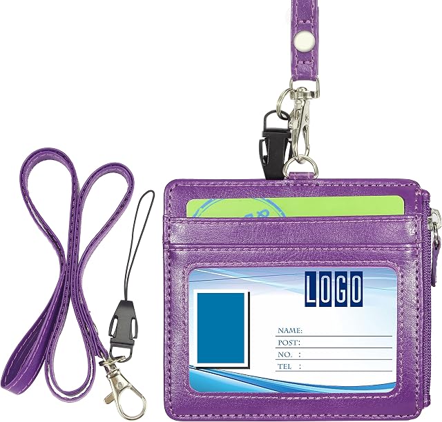 Badge Holder with Zip, Wisdompro 2-Sided PU Leather ID Badge Holder with 1 ID Window, 4 Card Slots, 1 Side Zipper Pocket and 1 Piece 20 Inch PU Neck Lanyard/Strap - Purple (Horizontal)