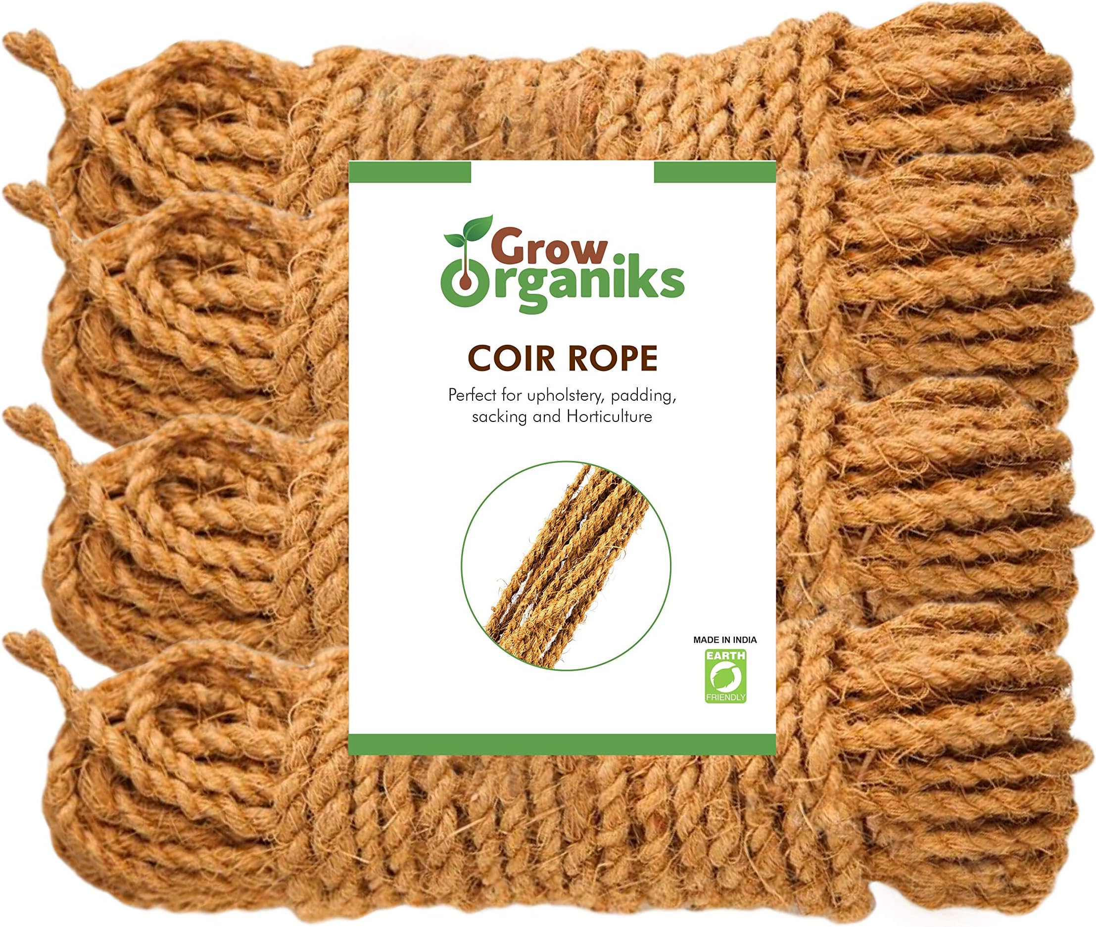 Grow Organiks Natural Coconut Coir Fibre Rope, Coir Twine (Twisted Coir Rope) for Crafts/Garden/Plant Hanger-One Hank-20ft-(4 Hanks in a Pack)