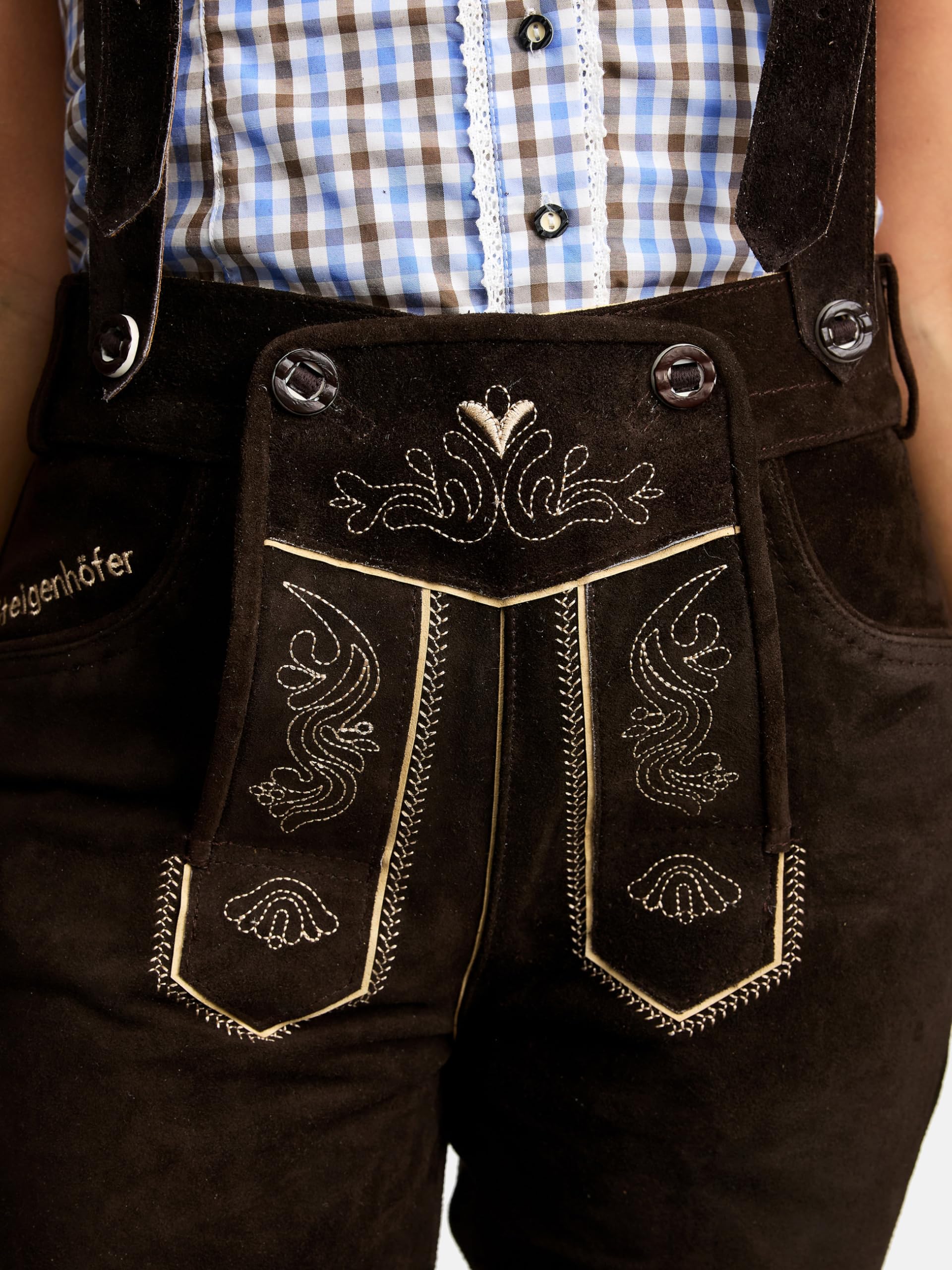 Steigenhöfer Lederhose Damen Tracht Shorts Kniebund - 100% Rindsleder - Clara - Traditionelle Kurze Hose für Frauen - Inklusive verstellbaren Trägern - Dirndl Alternative