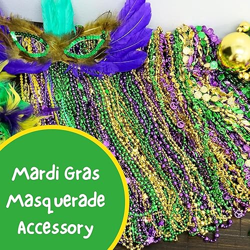 Miniatura 3 de Cuentas de Mardi Gras a granel (500 piezas) decoraciones de Mardi Gras collares de cuentas para adultos  Diseños surtidos metálicos  Para disfraces