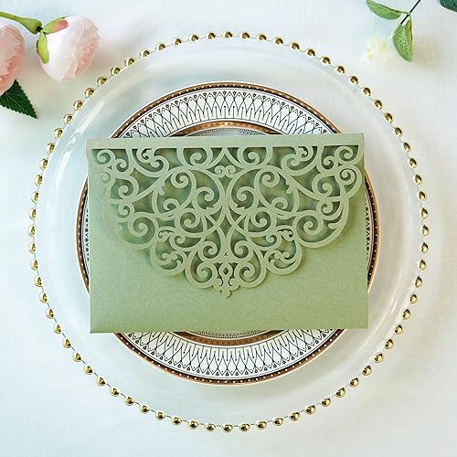 Vista 61 de ponatia 5.12 x 7.2 Invitaciones de boda de corte láser con purpurina negra, bolsillos de invitación triples cortados con láser con sobres