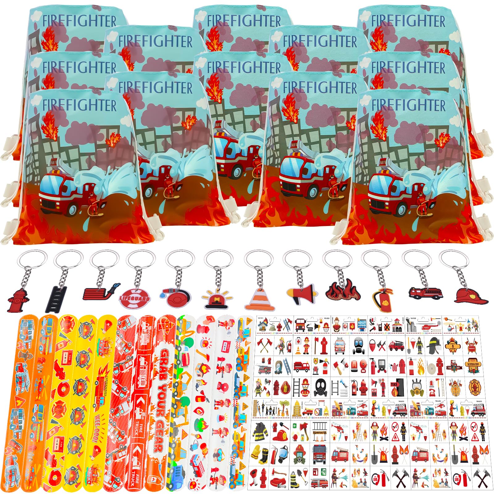 Kit Festa Pompieri 48 Pezzi - Camion Giocattolo, Caschi, Tatuaggi E Sacchetti Per Compleanno Bambini