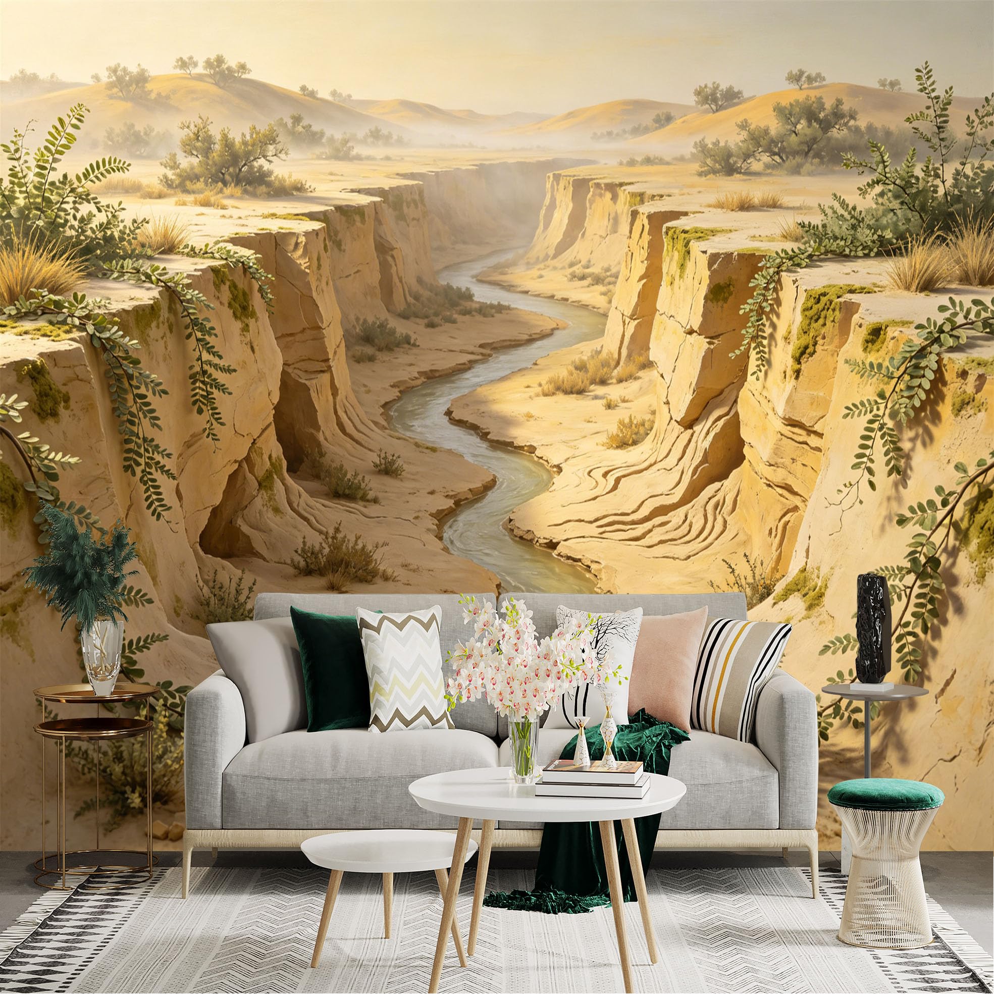 Custom Size Wall Sticker Mural， Desert Canyon with River， Sandstone Cliffs and Green Foliage， for wall Decoration， peelandstick wall Decals.