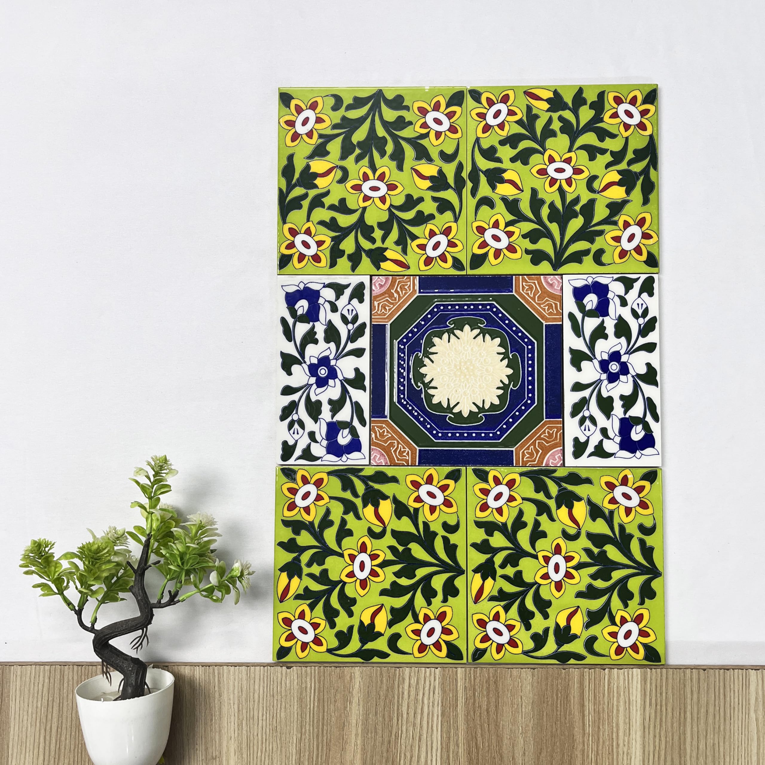 Elegant Ceramic Tile Set with Floral and Geometric Designs by Diwam Handicrafts