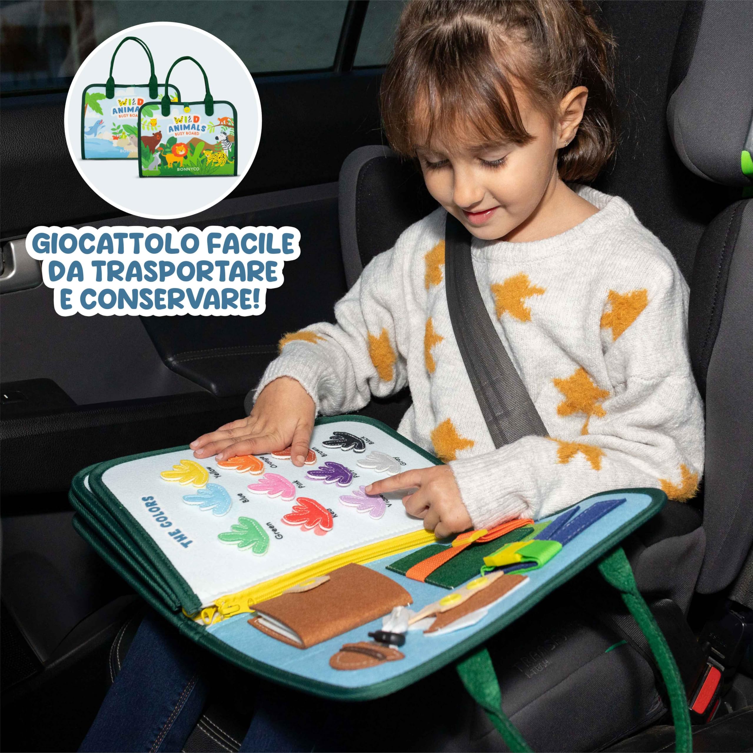 BONNYCO Montessori Busy Board Feltro. Valigetta Giochi Montessori Didattici, Pannello Sensoriale Bambini Board. Giochi Bambini 1 2 3 4 5 6 Anni, Regalo Bambino Bambina Bimbo Book Compleanno Natale