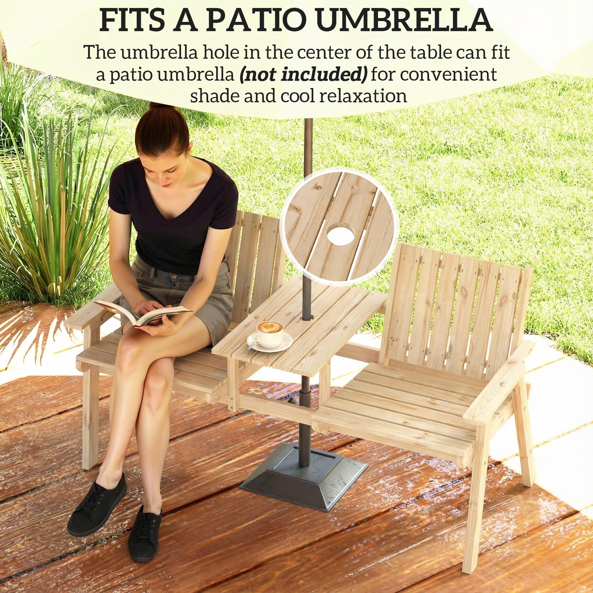 Outsunny Wooden Garden Loveseat, 2-Seater Garden Chair with Table & Parasol Hole, Outdoor Bench for Porch Patio, Natural Wood Finish - Image 4