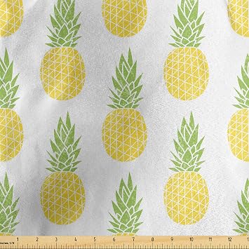 Lunarable Pineapple Fabric by The Yard, Vintage Tropical Fruit Pattern with Weathered Look Hawaiian Summer, Decorative Satin Fabric for Home Textiles and Crafts, 1 Yard, Yellow Apple Green White