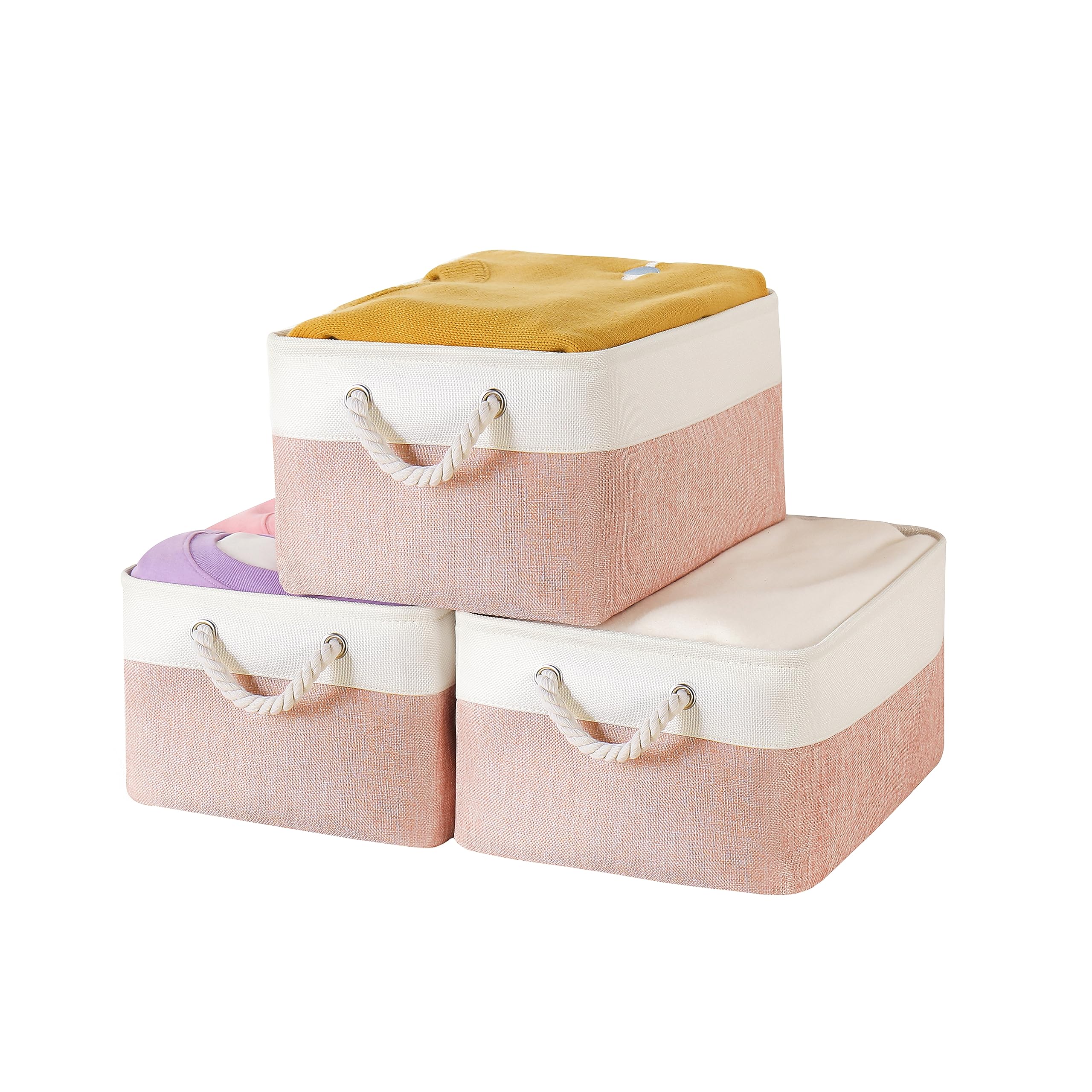 Storage Bins with Sturdy Cotton Handles(3 Pack), Fabric Storage Baskets for Organizing use for Office & Home, Book, Clothes, Toys, Closet Boxes (Large, Pink-White, 15.7x11.8x7.9 inches)
