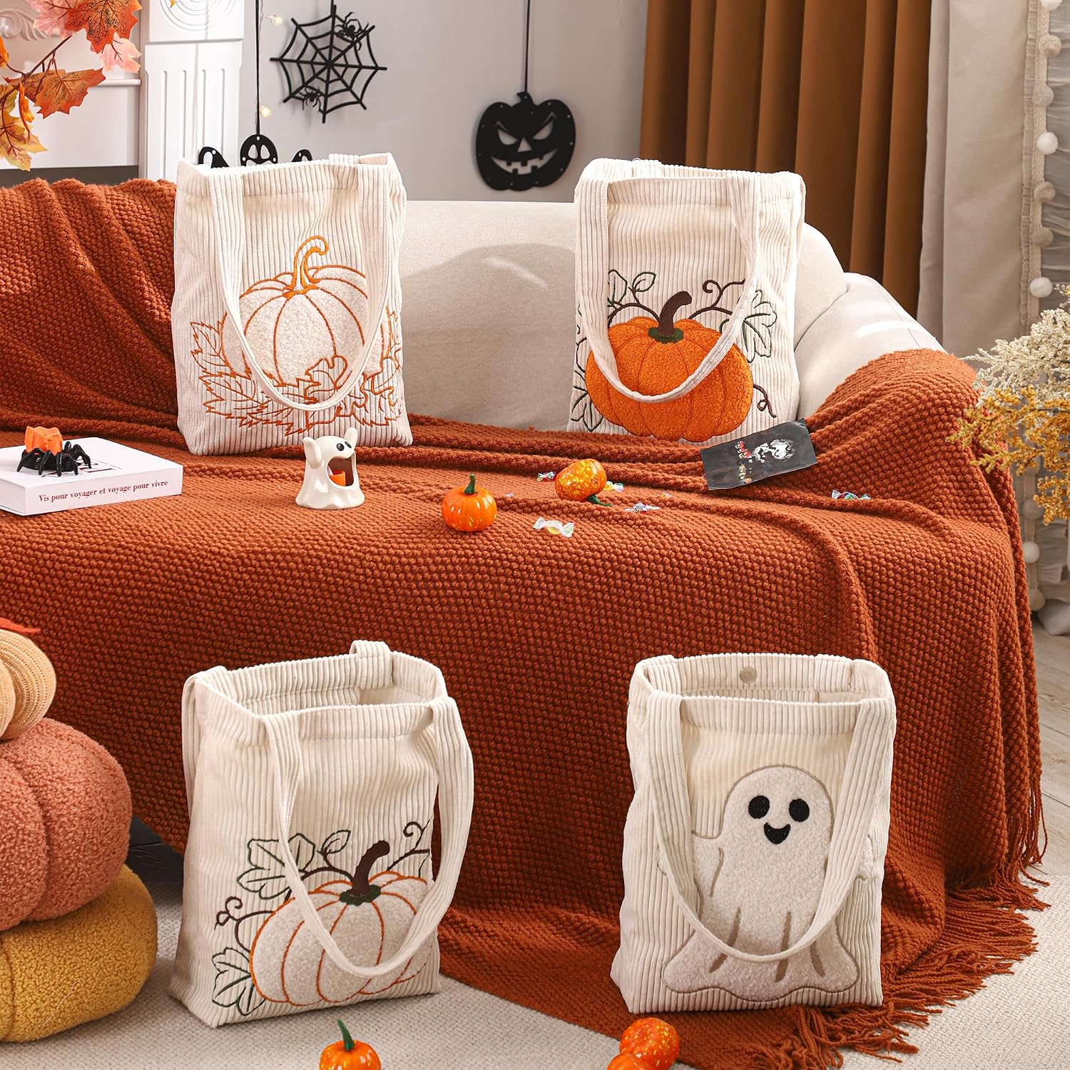Halloween Corduroy Embroidered Tote Bag image 5