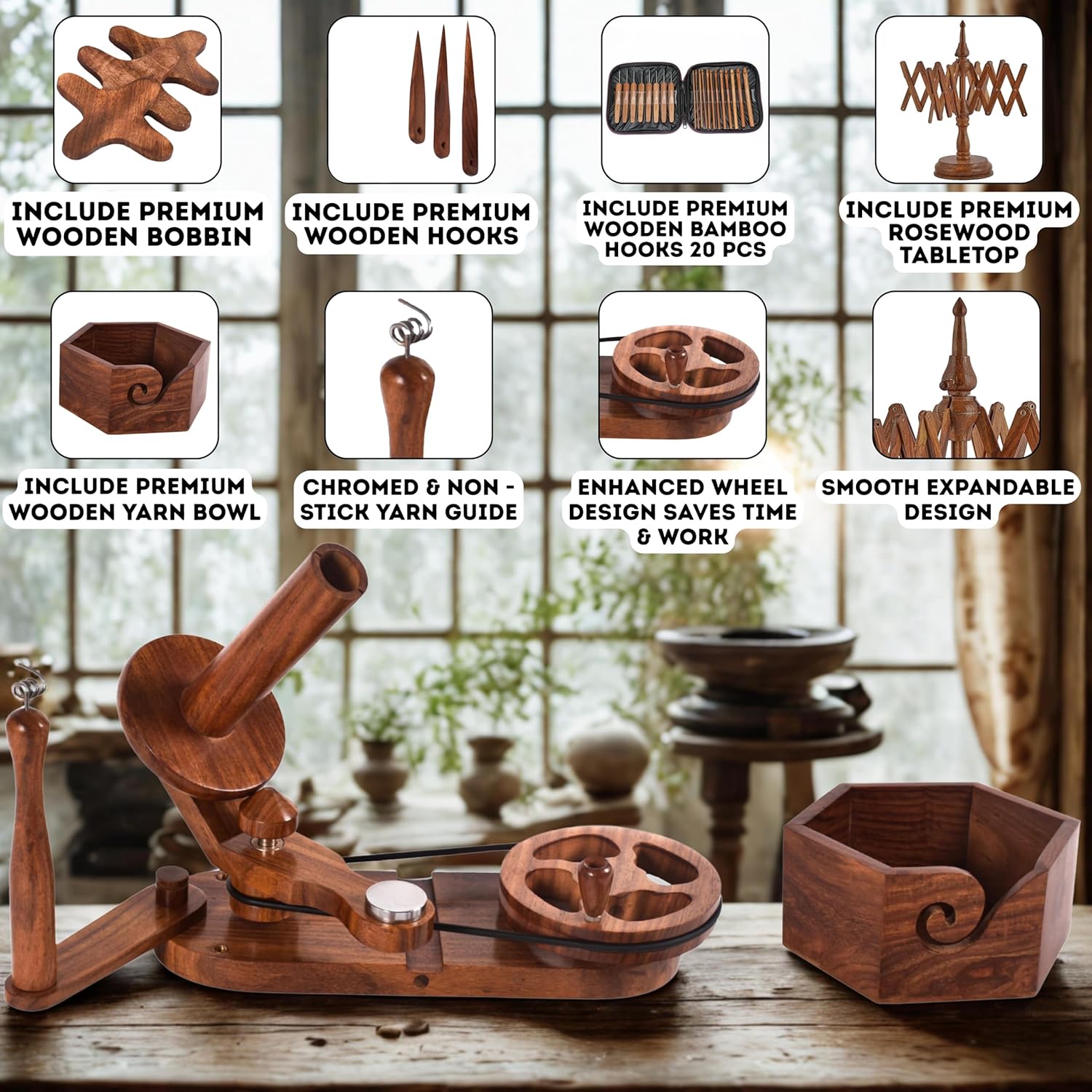 Brainmart Rosewood Yarn Winder & Swift with Wooden Yarn Bowl – 30pcs Crochet Kit | Handcrafted Wooden Ball Winder, Crochet Hooks Set, Bobbins, Weaving Needles for Knitting, Crocheting & Weaving