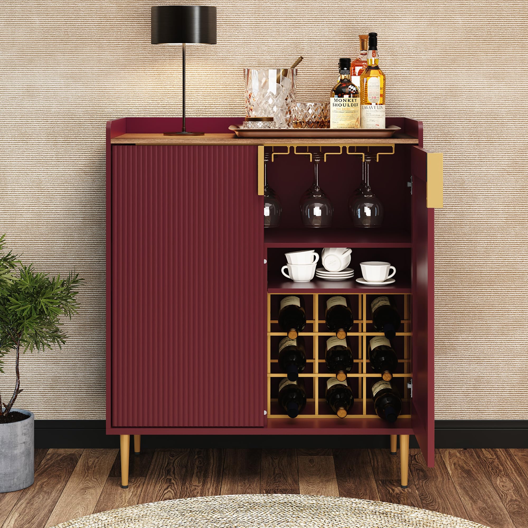ARTPOWER Coffee Bar Cabinet with Wine Rack&amp;Glass Holder, Red