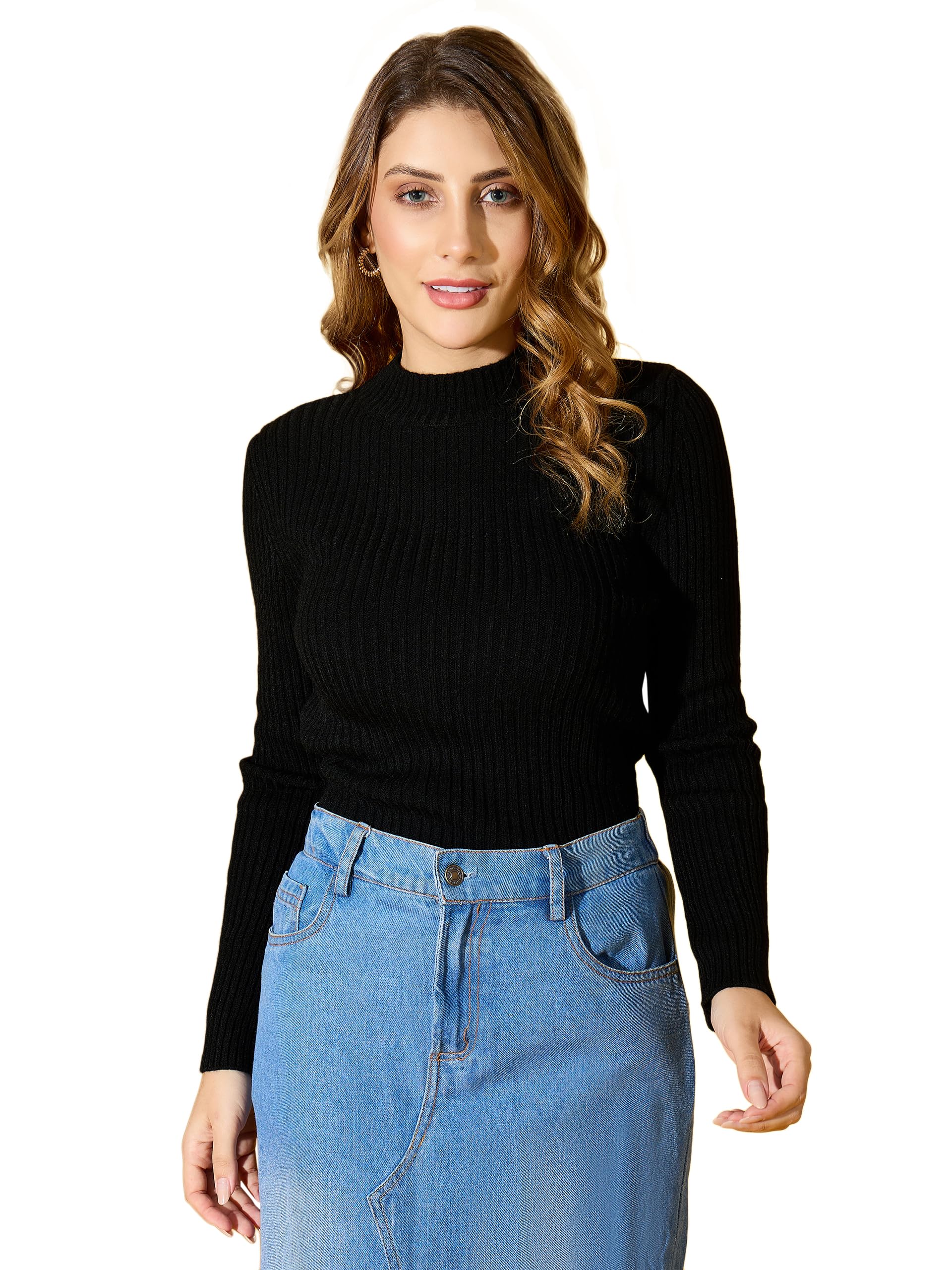 98 north 98 Degree Women Acrylic High Neck Sweater Has A Full Sleeve & Straight Hem-AW25AZG1130-BLACK-picture-24