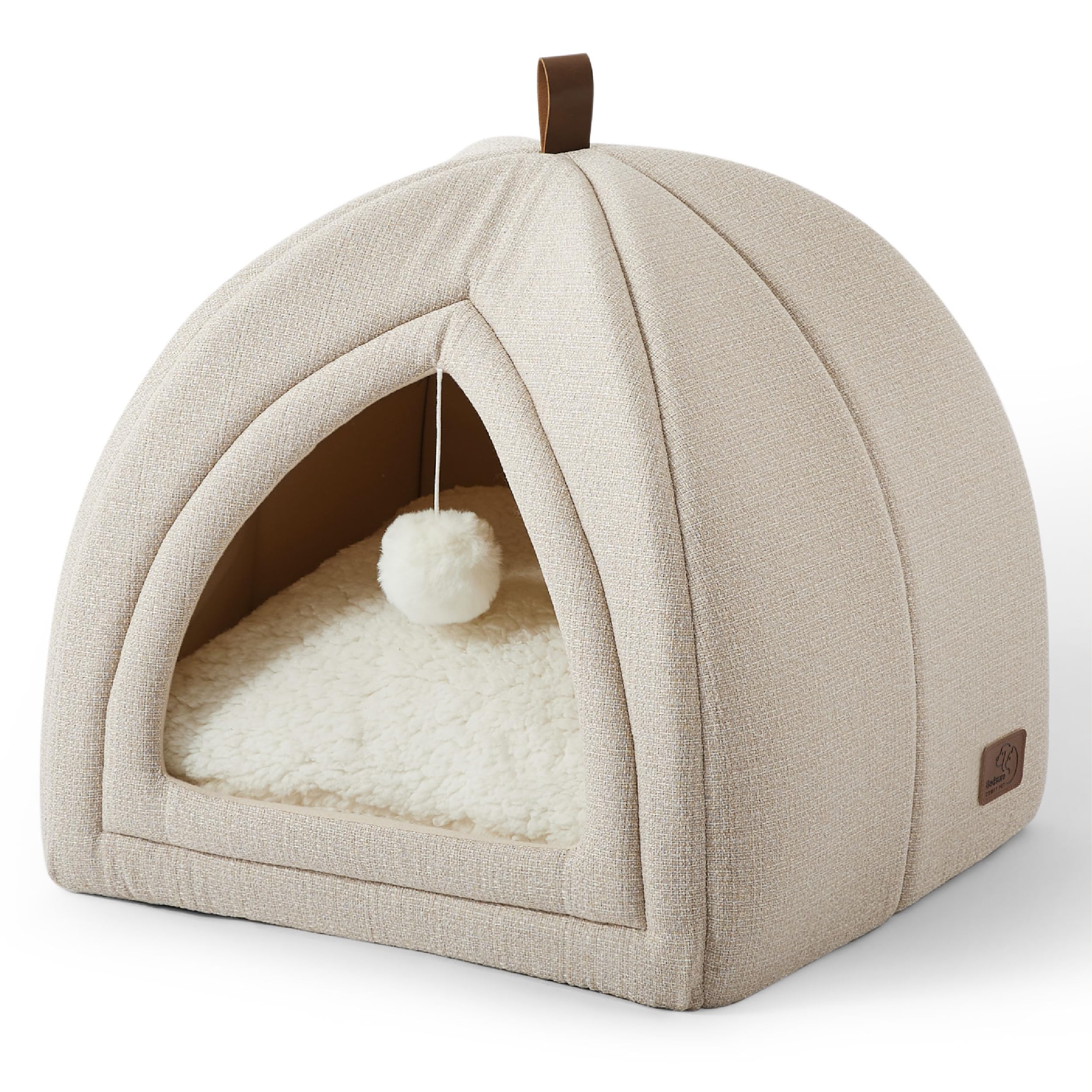 Bedsure Cat Beds for Indoor - 2 in 1 Cat Cave House Tent for Kittens and Small Pets with Removable Washable Cushioned Pillow, Foldable Kitten Hideaway with Non-Slip Bottom, Beige, 16 inchesOEKO-TEX STANDARD 100