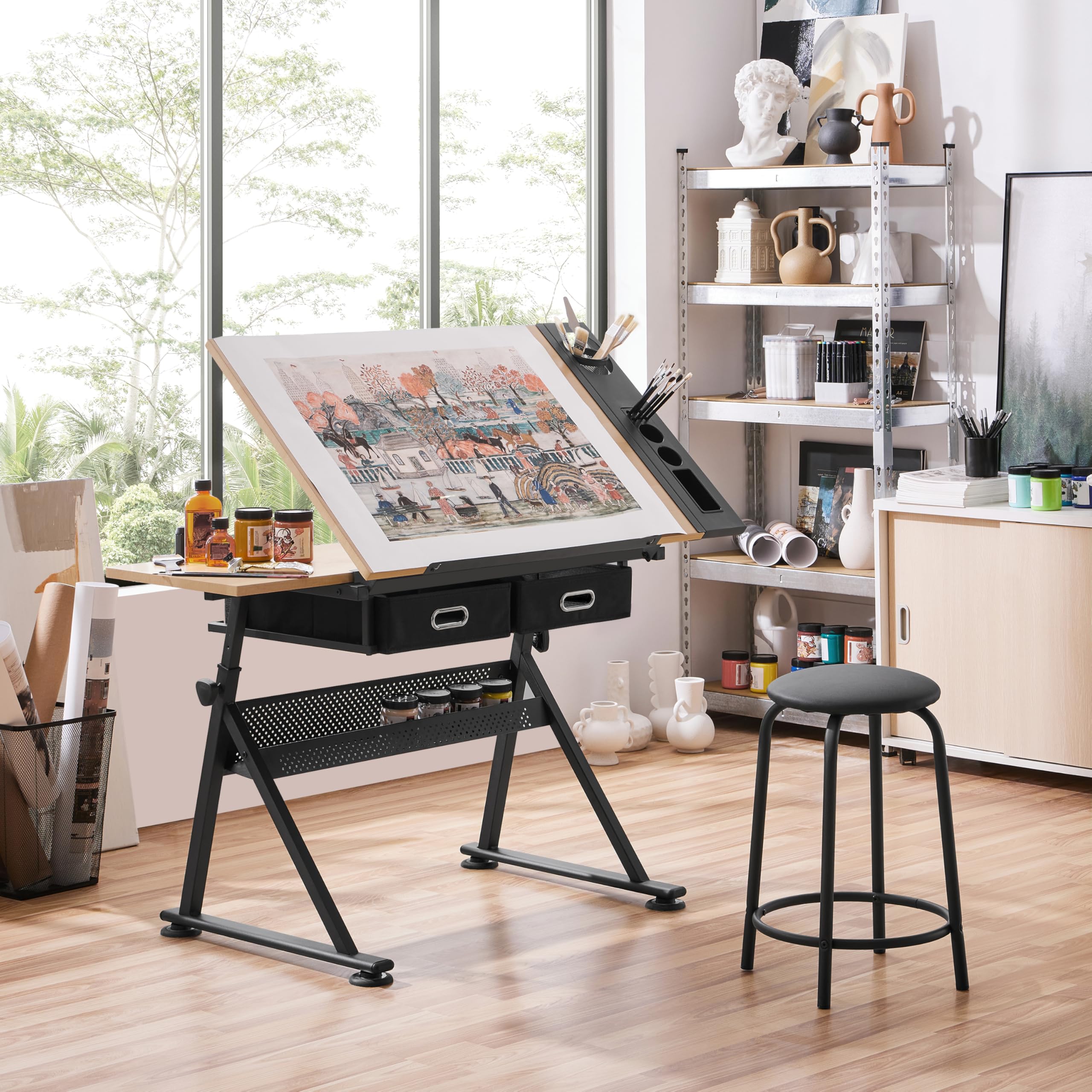 Tavolo da Disegno in MDF e Ferro Angolo Regolabile Scrivania da Lavoro Artistica per Architettura Pittore Ingegnere Artista (Legno)